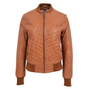 BUNERI Chaqueta Mujer Cuero Bomber Varsity Acolchado Marron Claro