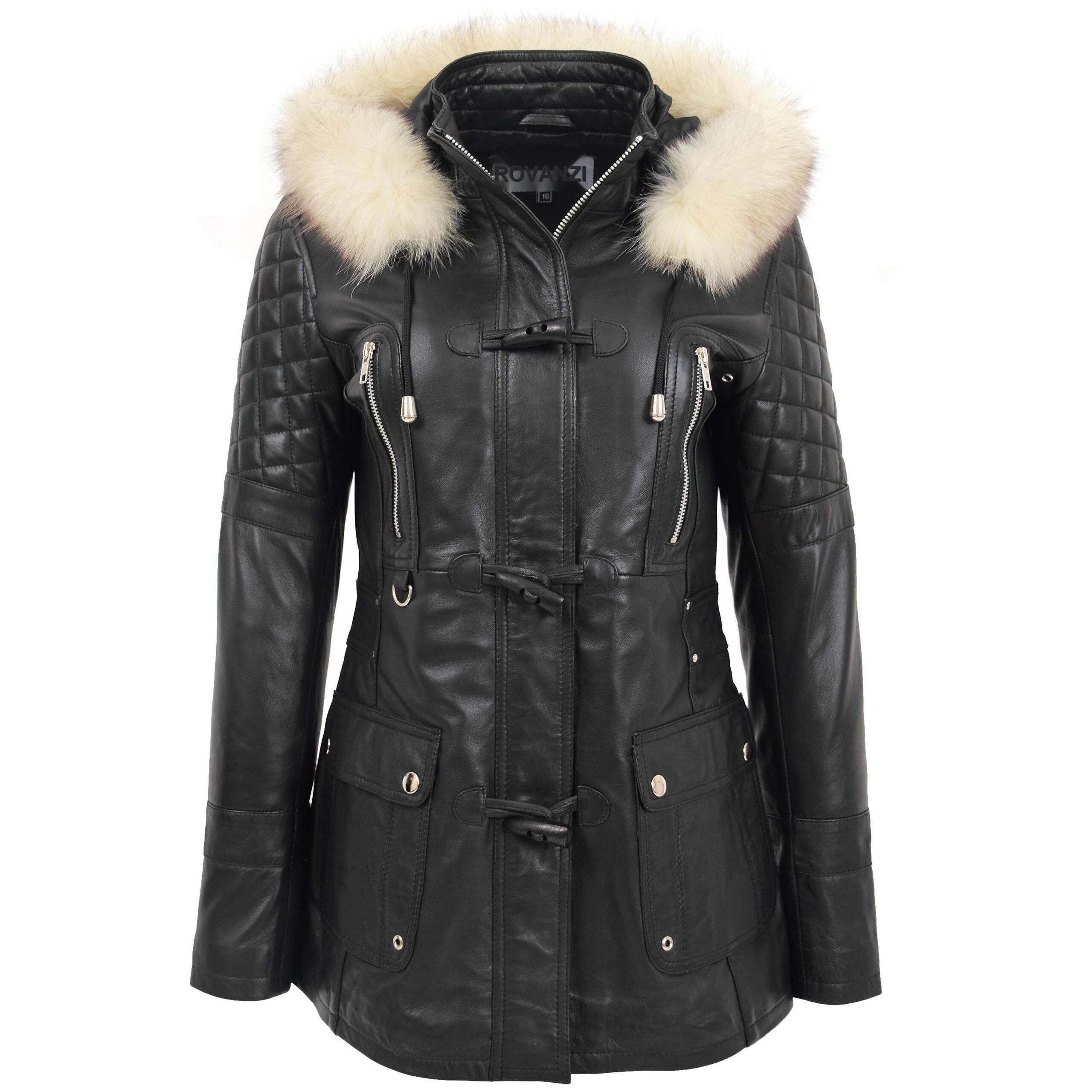 BUNERI Abrigo de Cuero Estilo Duffle Original para Mujer Negro