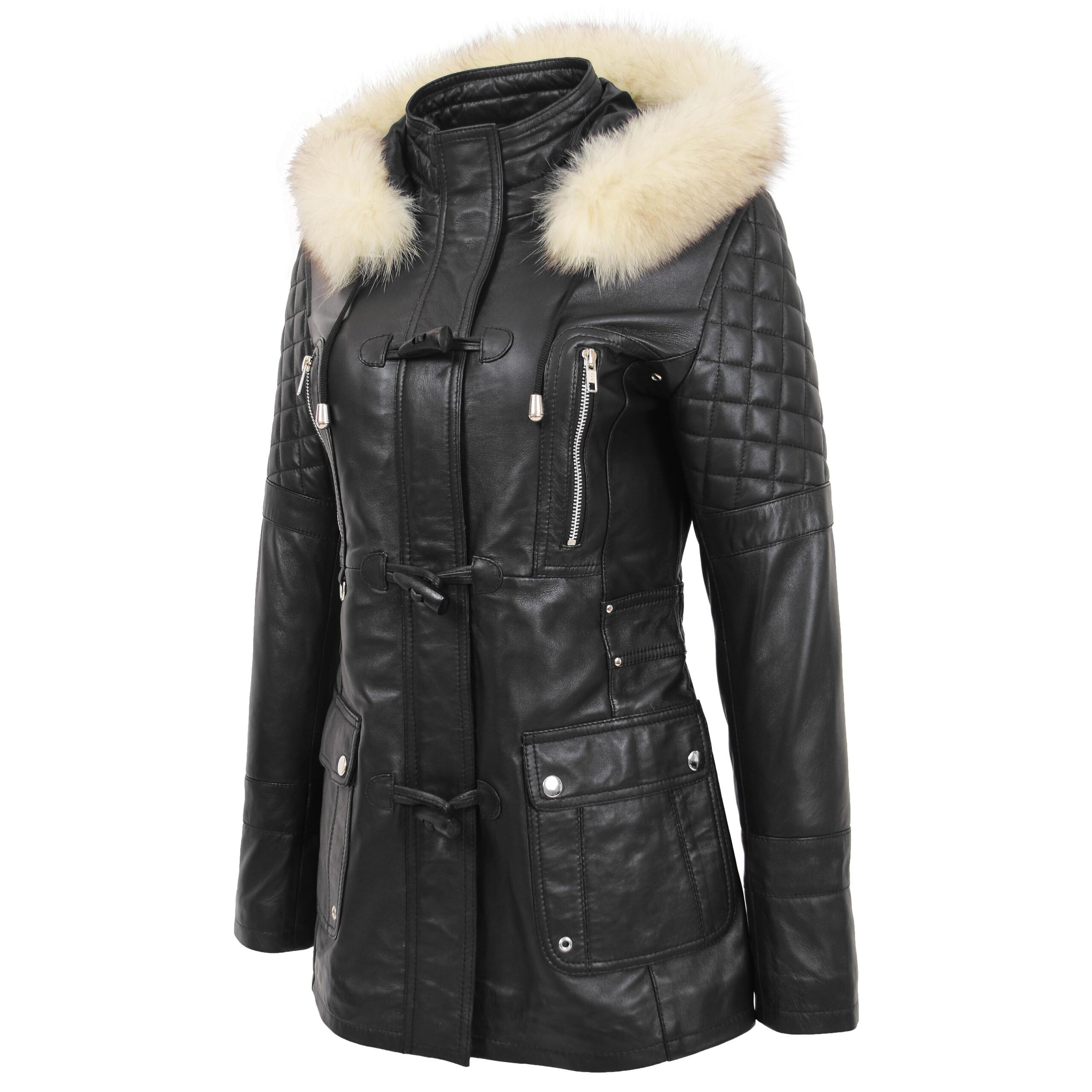 BUNERI Abrigo de Cuero Estilo Duffle Original para Mujer Negro - Imagen 4
