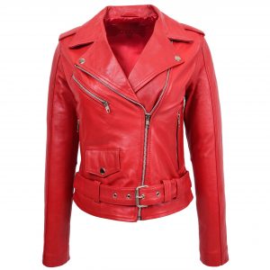 BUNERI Chaqueta Biker de Cuero Genuino Estilo Brando para Mujer Roja