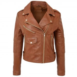 BUNERI Chaqueta Biker de Cuero Tan para Mujer Cremallera Cruzada