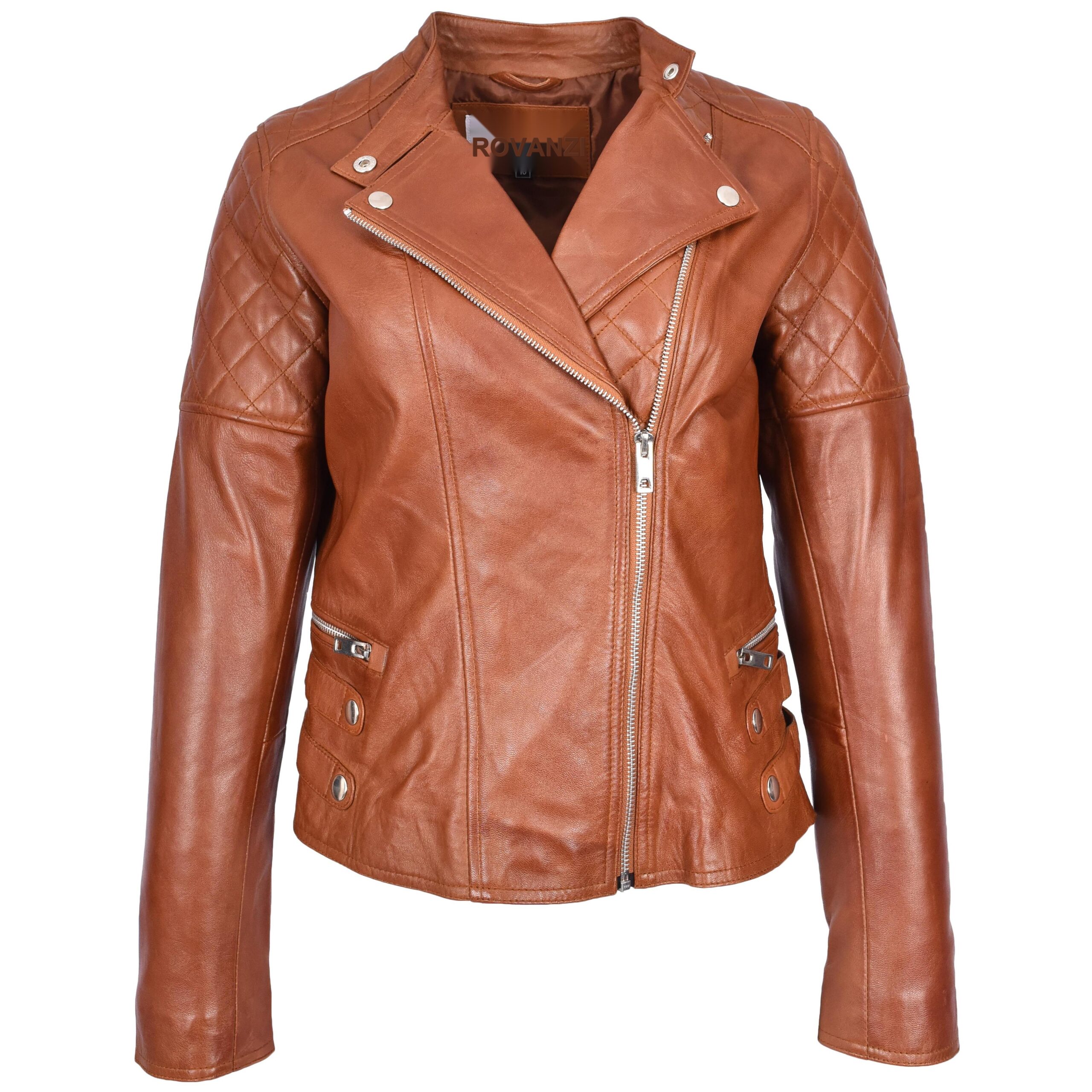 BUNERI Chaqueta Mujer Cuero Real Biker Estilo Cross-Zip Clasico Castano