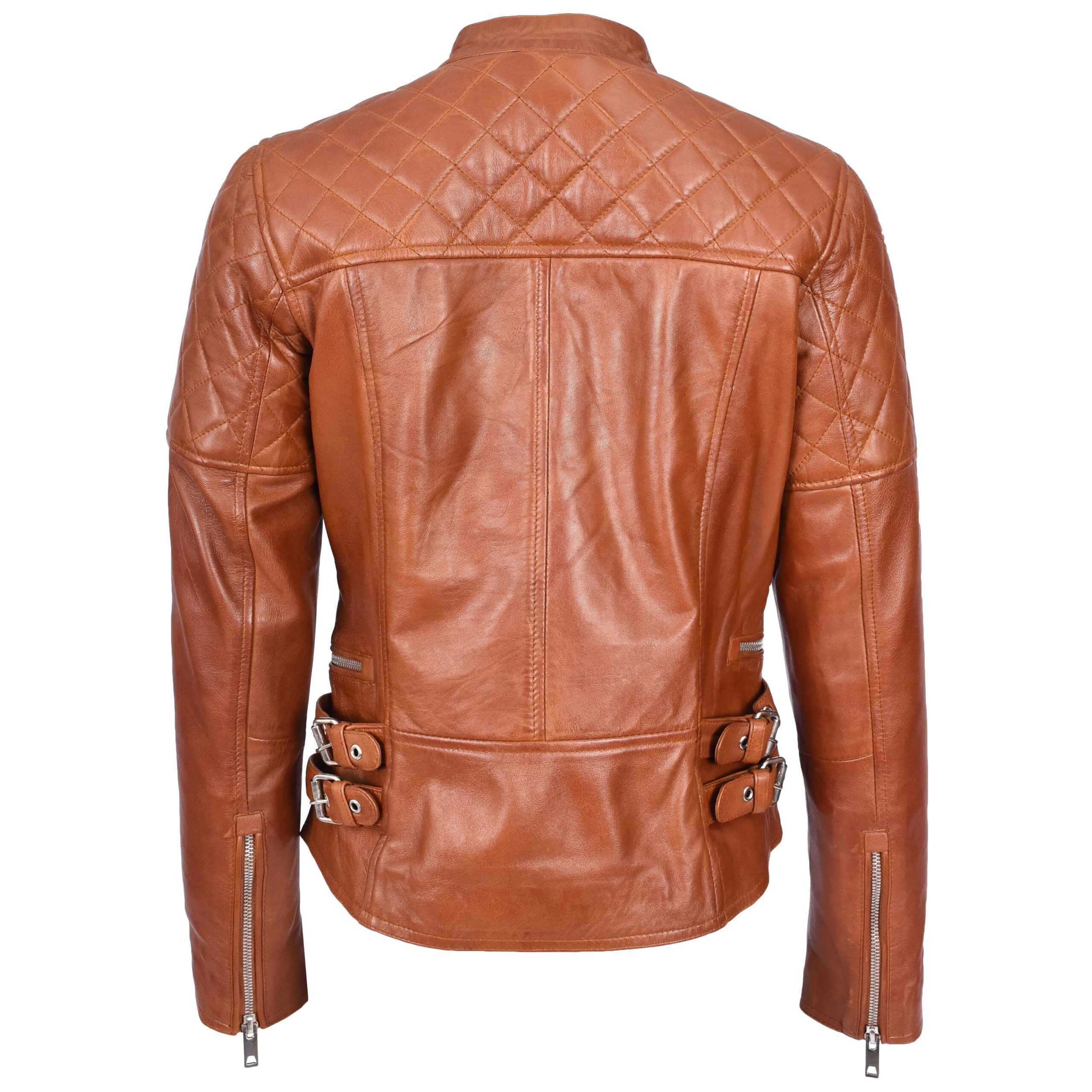 BUNERI Chaqueta Mujer Cuero Real Biker Estilo Cross-Zip Clasico Castano - Imagen 2