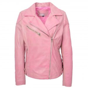 BUNERI Cereza Chaqueta Biker Mujer Cuero Real Cremallera Cruzada Bolsillos