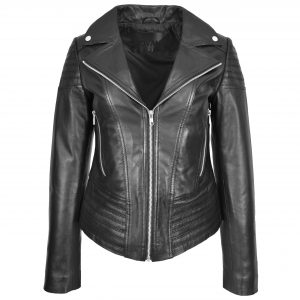 BUNERI Chaqueta Biker Mujer Cuero Real Tendencia Ajustada Casual Negra