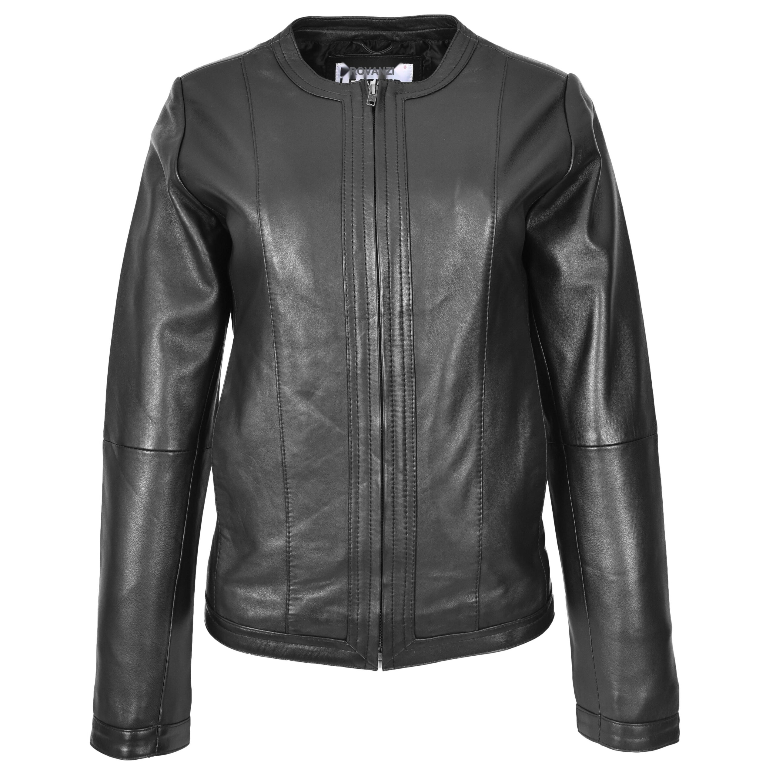 BUNERI Chaqueta de Cuero sin Cuello para Mujer Slim Fit Negra - Imagen 2