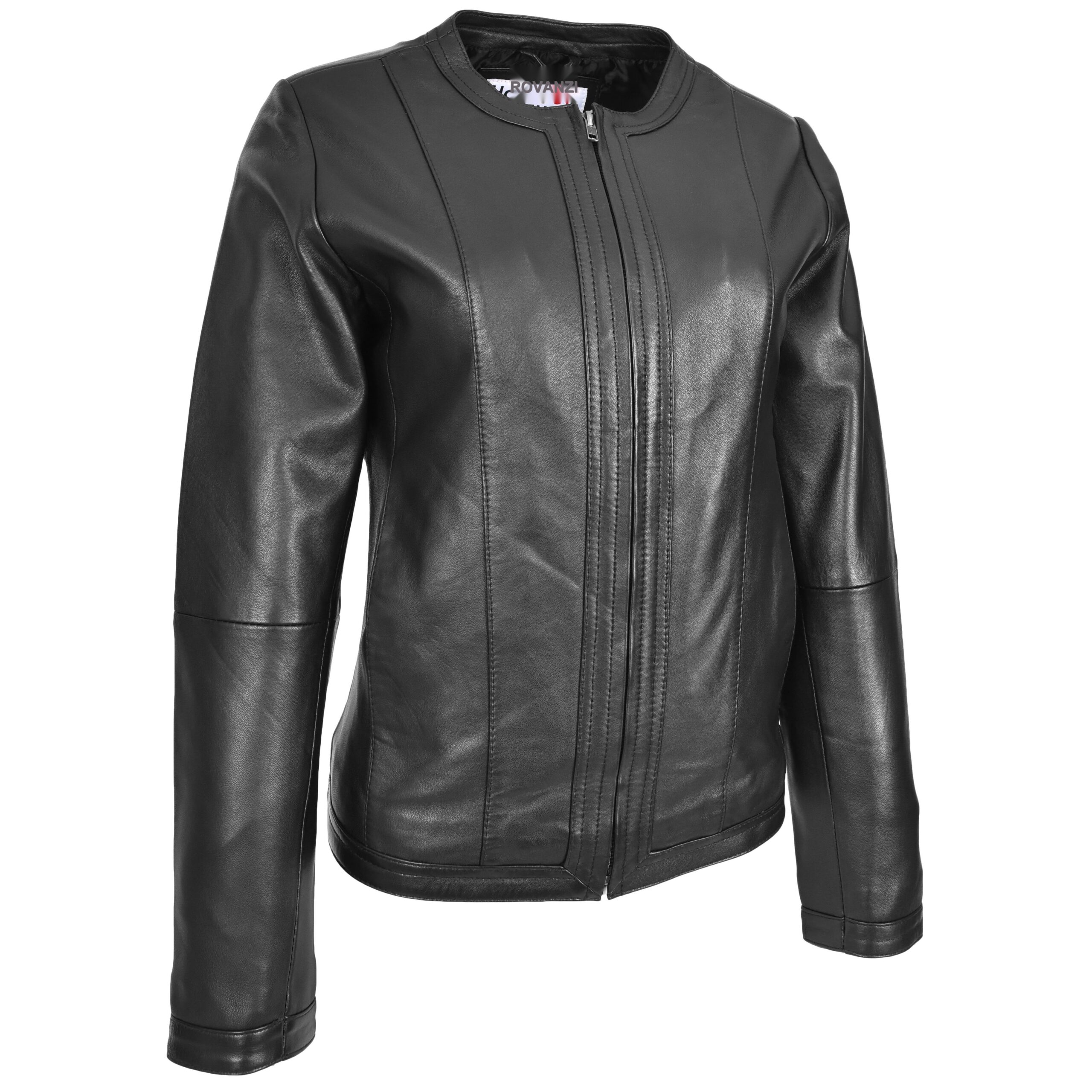 BUNERI Chaqueta de Cuero sin Cuello para Mujer Slim Fit Negra - Imagen 4
