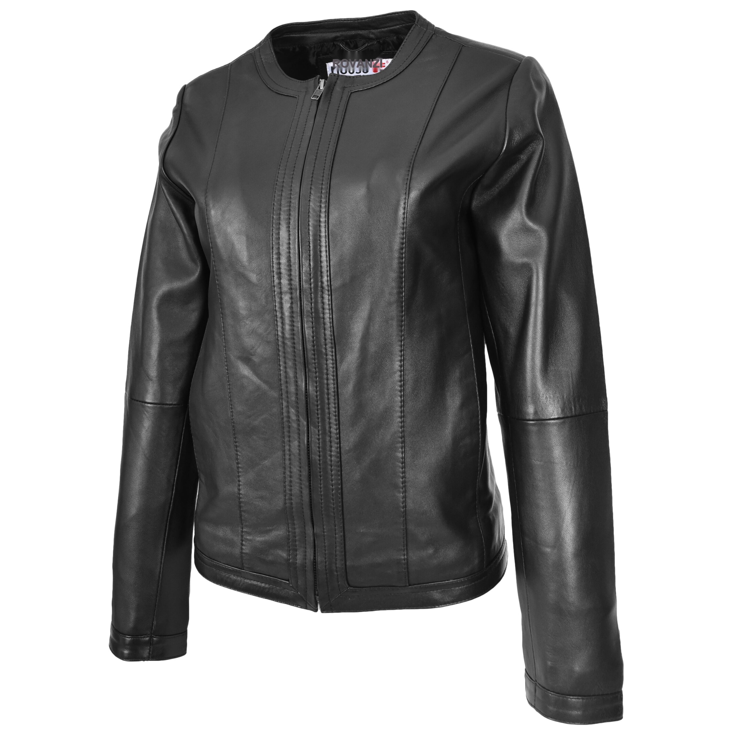 BUNERI Chaqueta de Cuero sin Cuello para Mujer Slim Fit Negra - Imagen 5