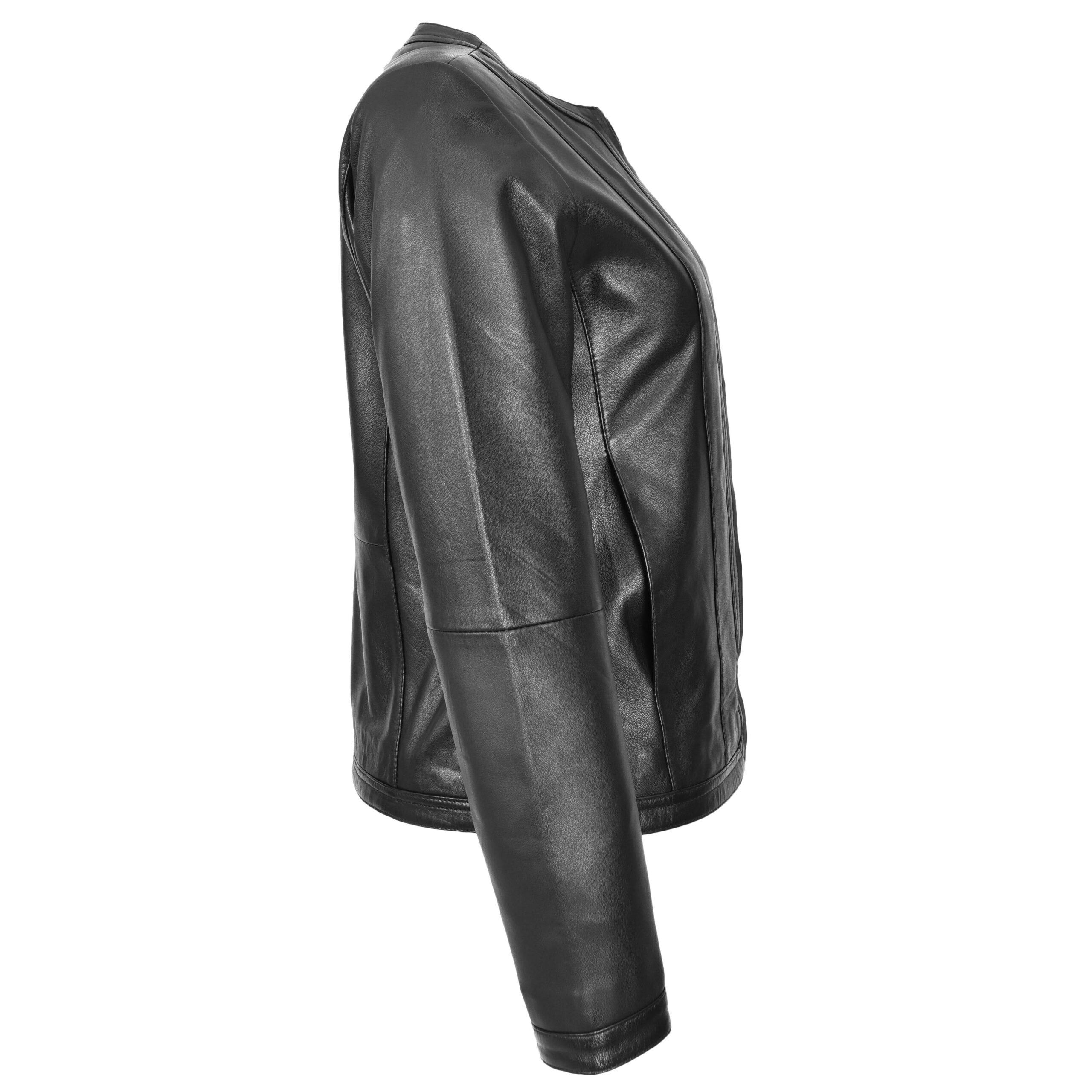 BUNERI Chaqueta de Cuero sin Cuello para Mujer Slim Fit Negra - Imagen 6