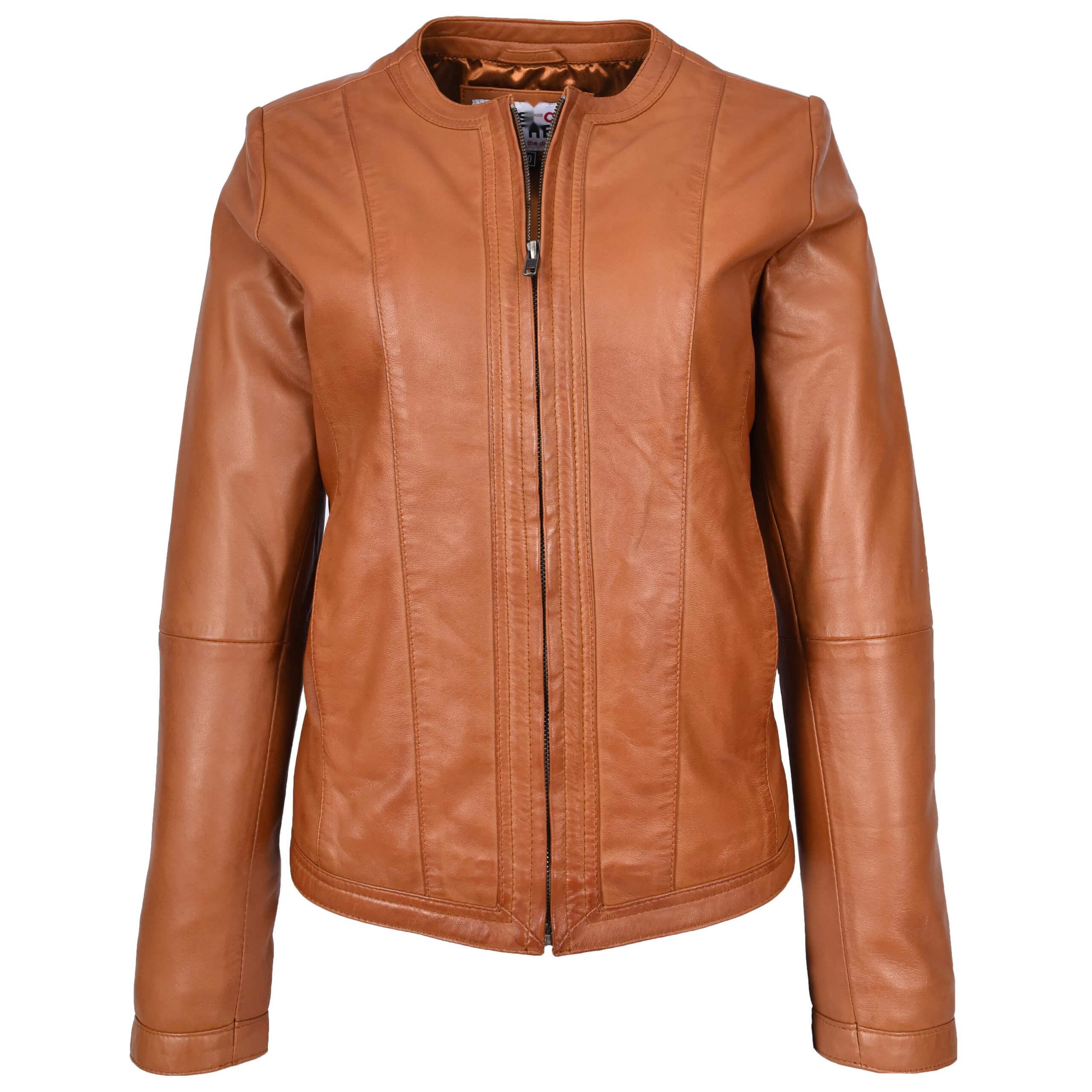 BUNERI Chaqueta de Cuero Tan para Mujer Slim Fit sin Cuello