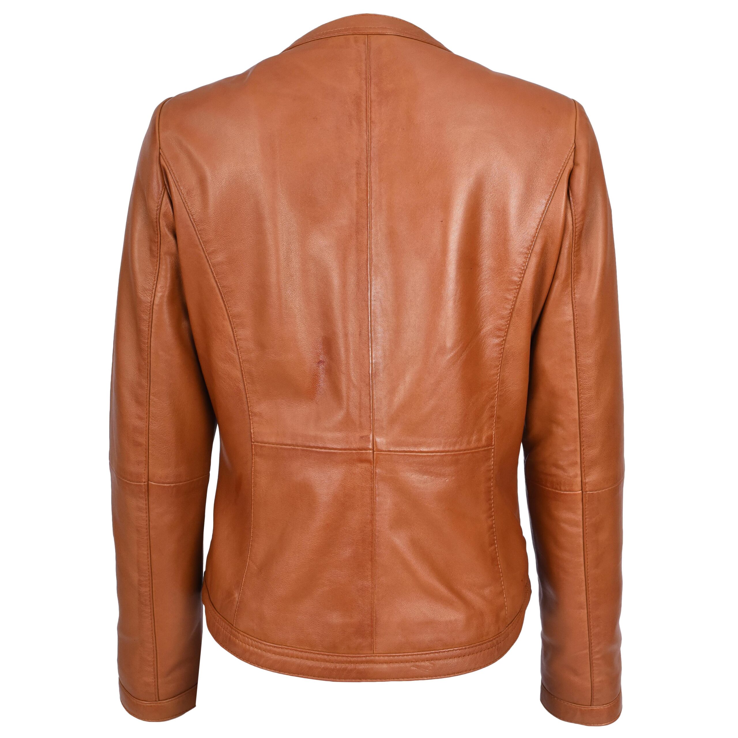 BUNERI Chaqueta de Cuero Tan para Mujer Slim Fit sin Cuello - Imagen 2