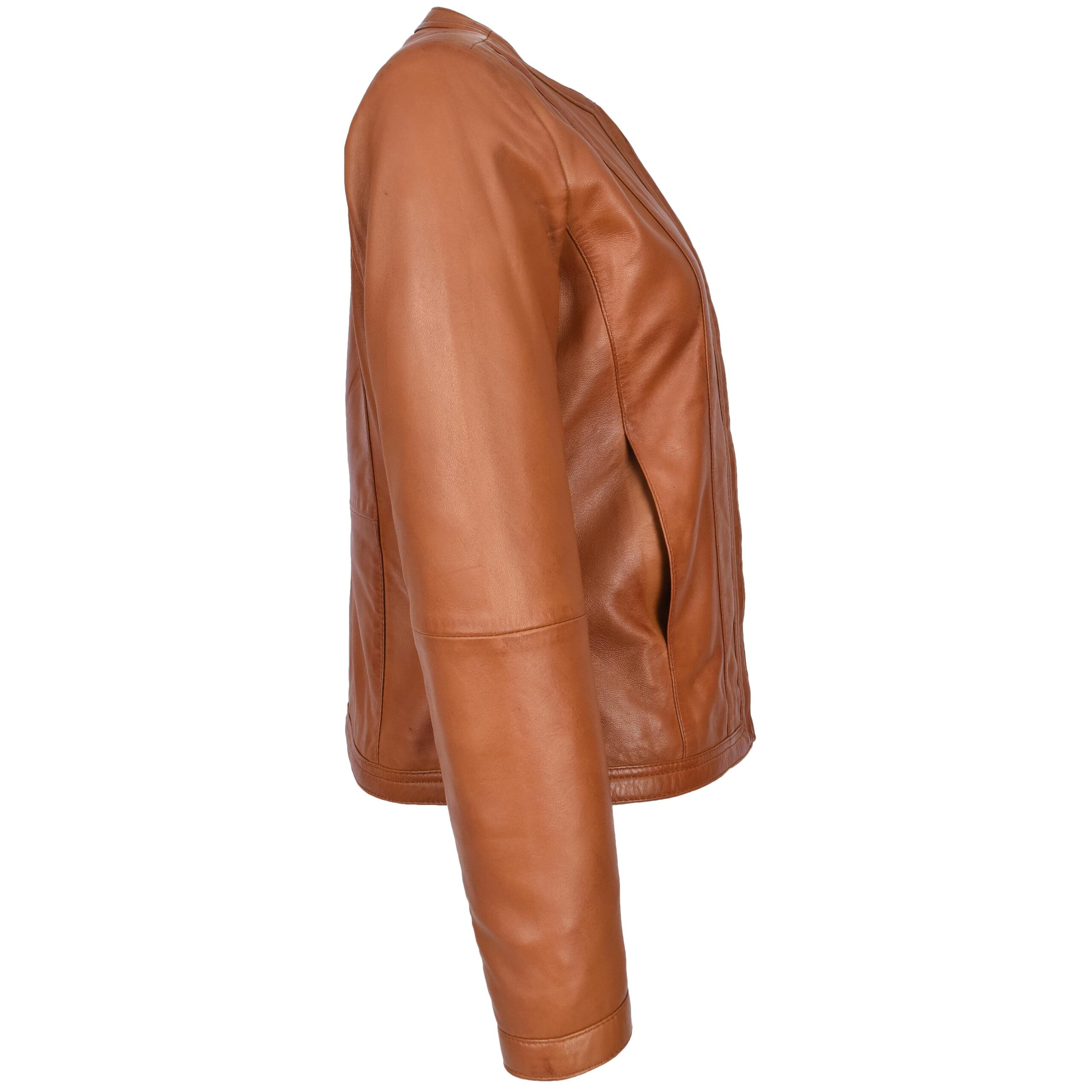 BUNERI Chaqueta de Cuero Tan para Mujer Slim Fit sin Cuello - Imagen 3
