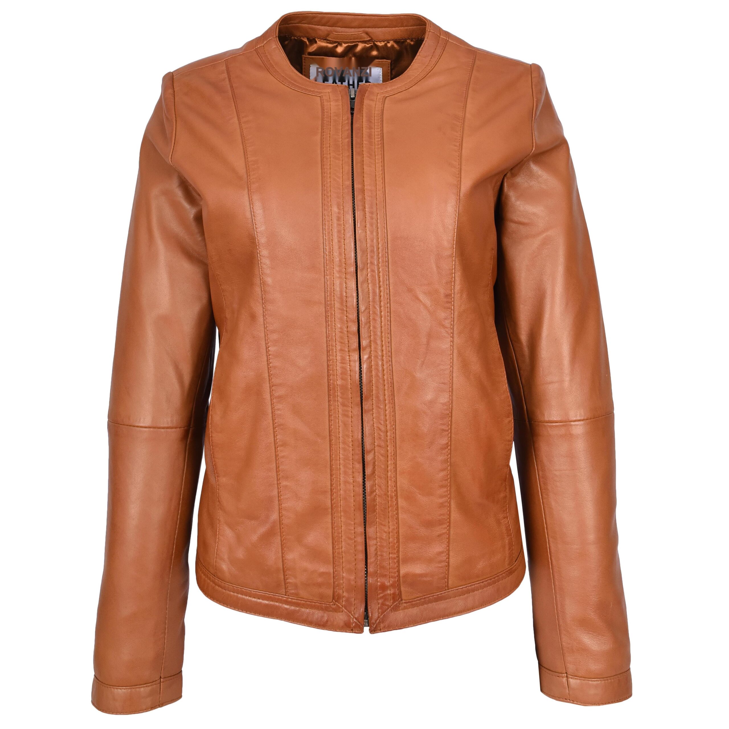 BUNERI Chaqueta de Cuero Tan para Mujer Slim Fit sin Cuello - Imagen 4
