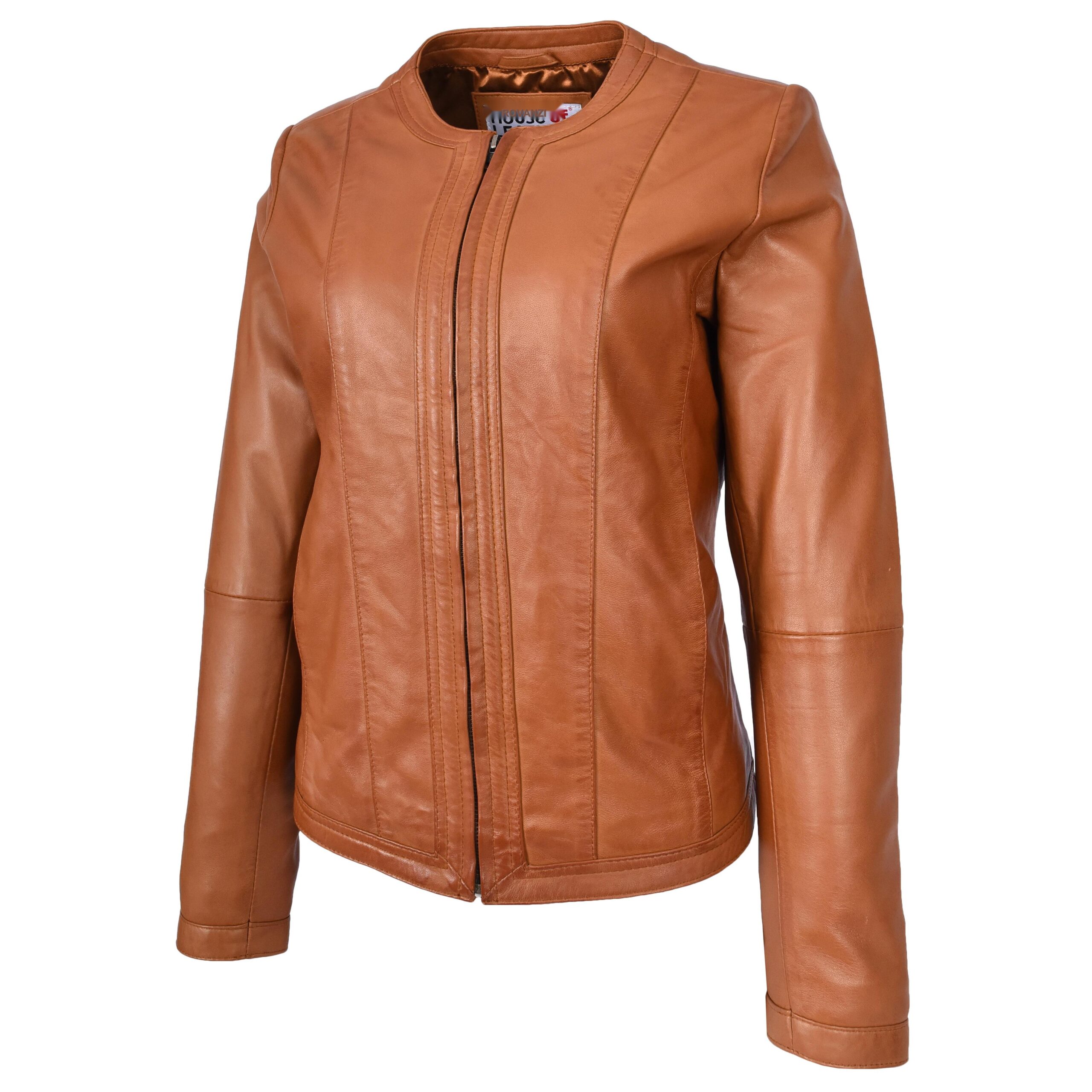 BUNERI Chaqueta de Cuero Tan para Mujer Slim Fit sin Cuello - Imagen 5