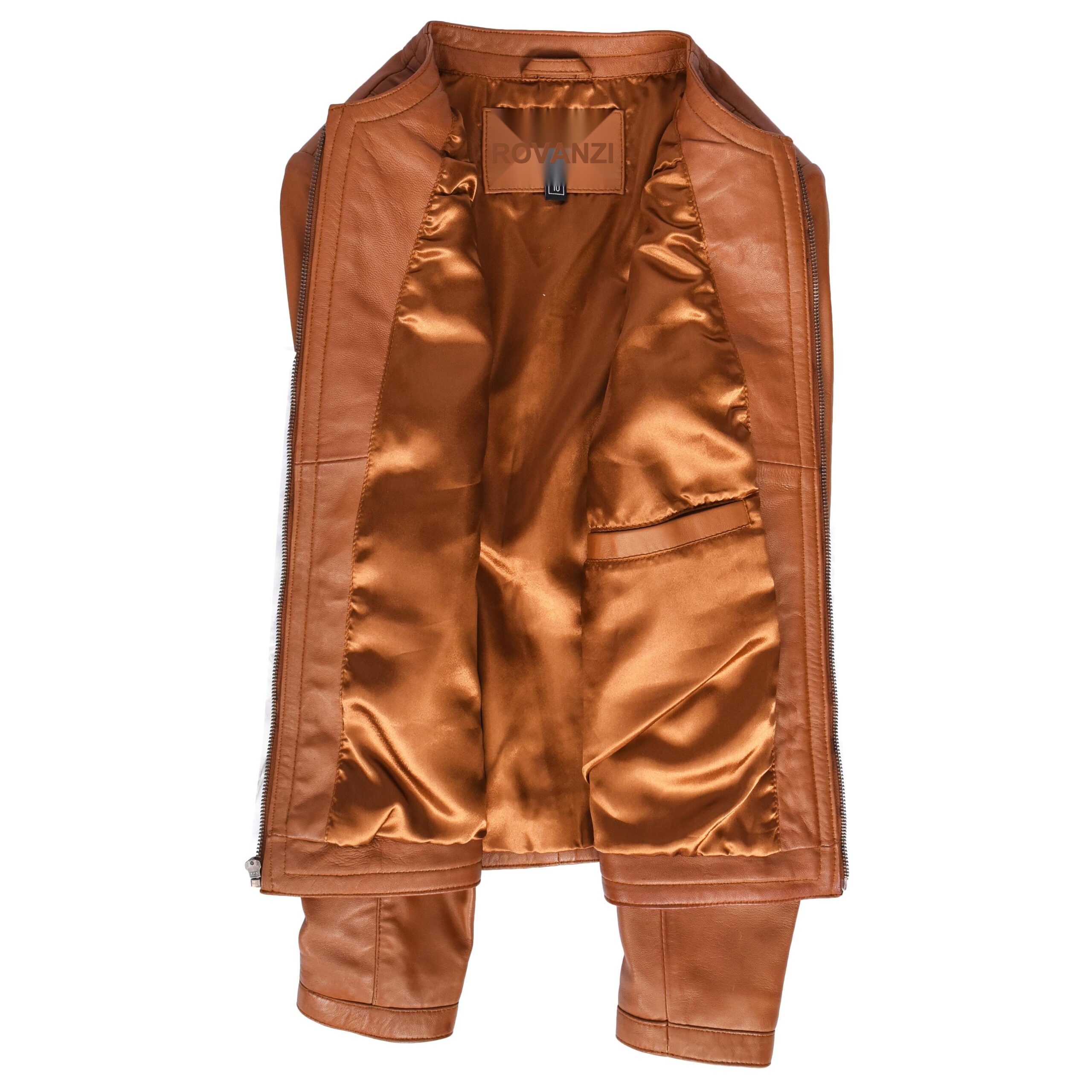 BUNERI Chaqueta de Cuero Tan para Mujer Slim Fit sin Cuello - Imagen 6