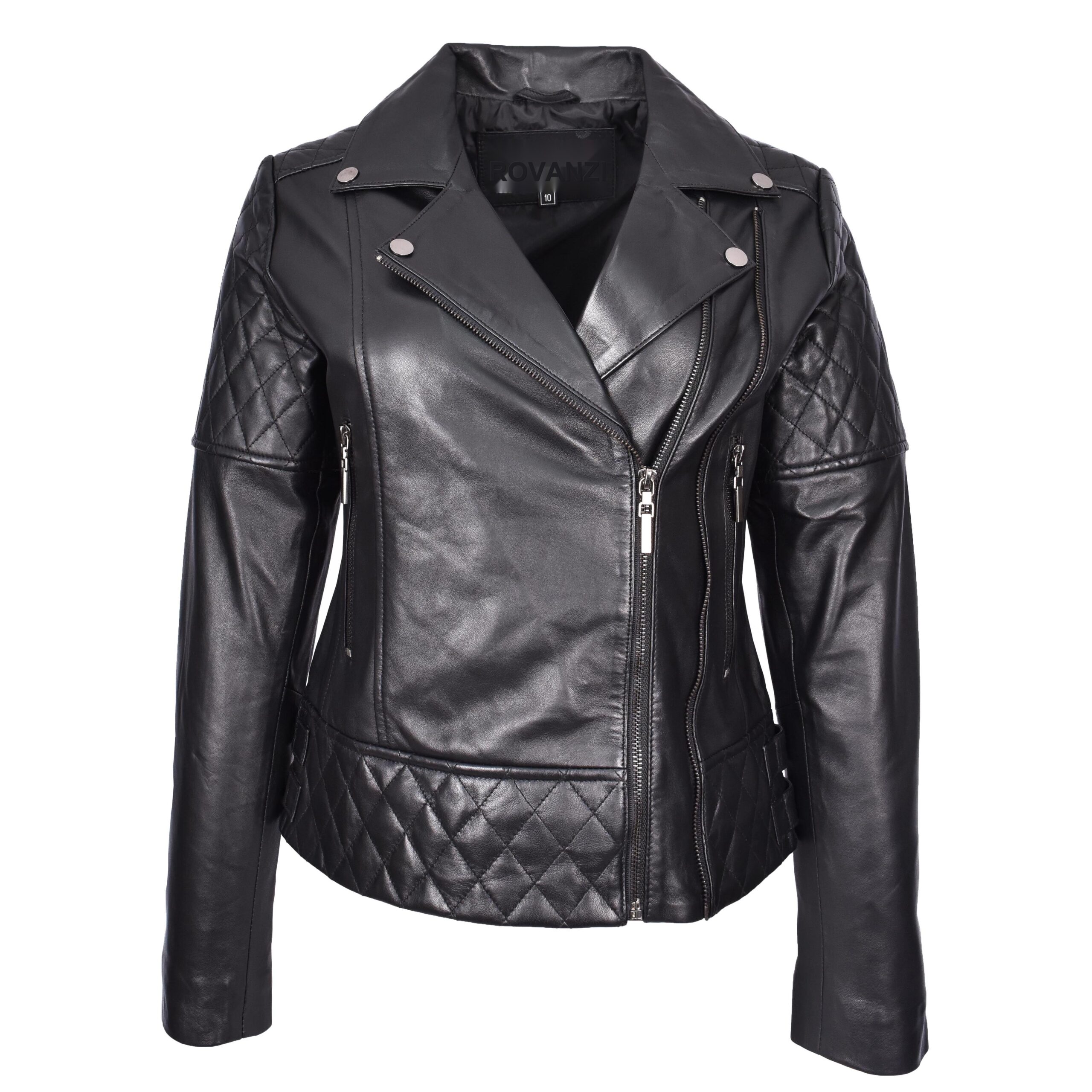 BUNERI Chaqueta Mujer Cuero Real Multi Zip Cruzado Biker Ajustada Acolchada Negra