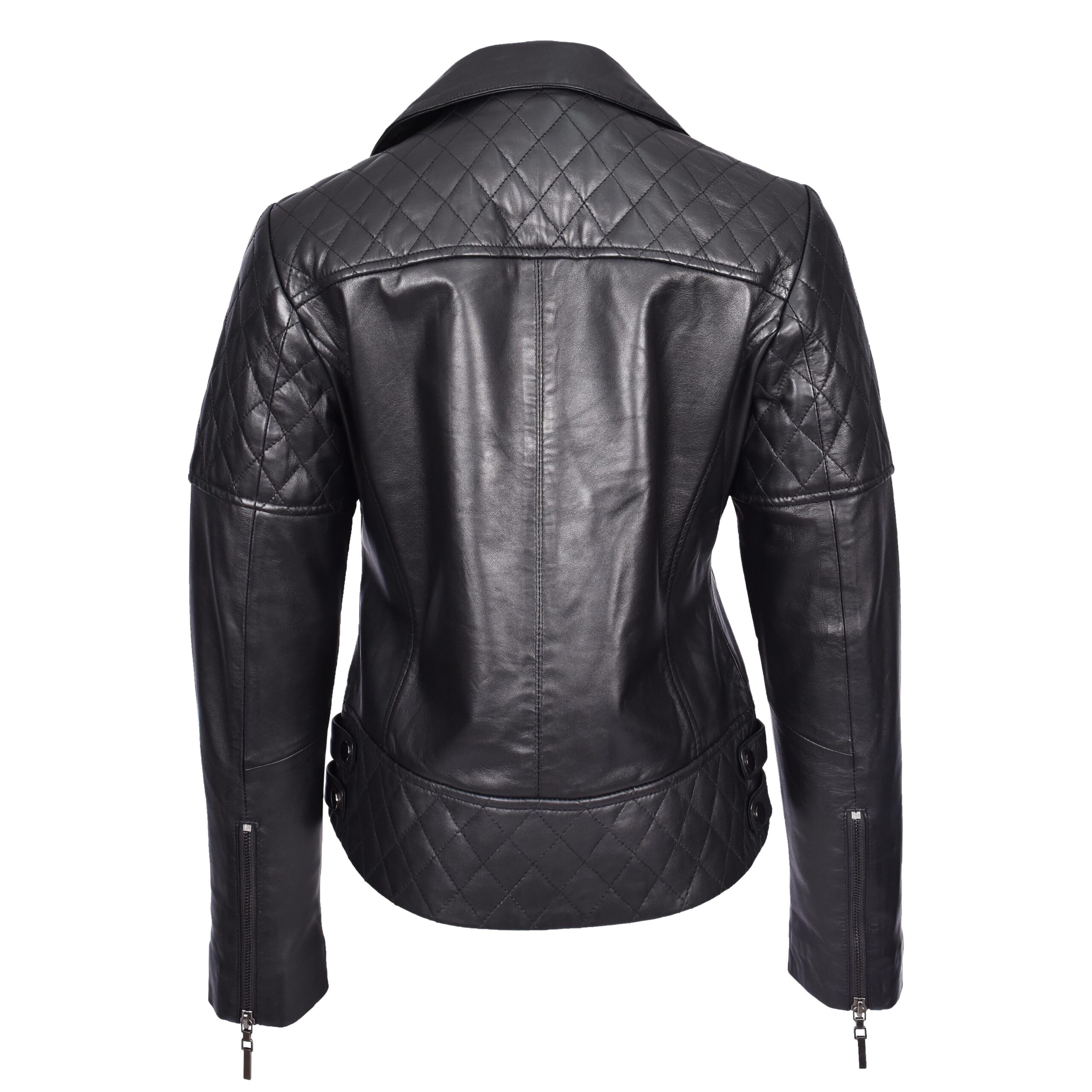 BUNERI Chaqueta Mujer Cuero Real Multi Zip Cruzado Biker Ajustada Acolchada Negra - Imagen 2
