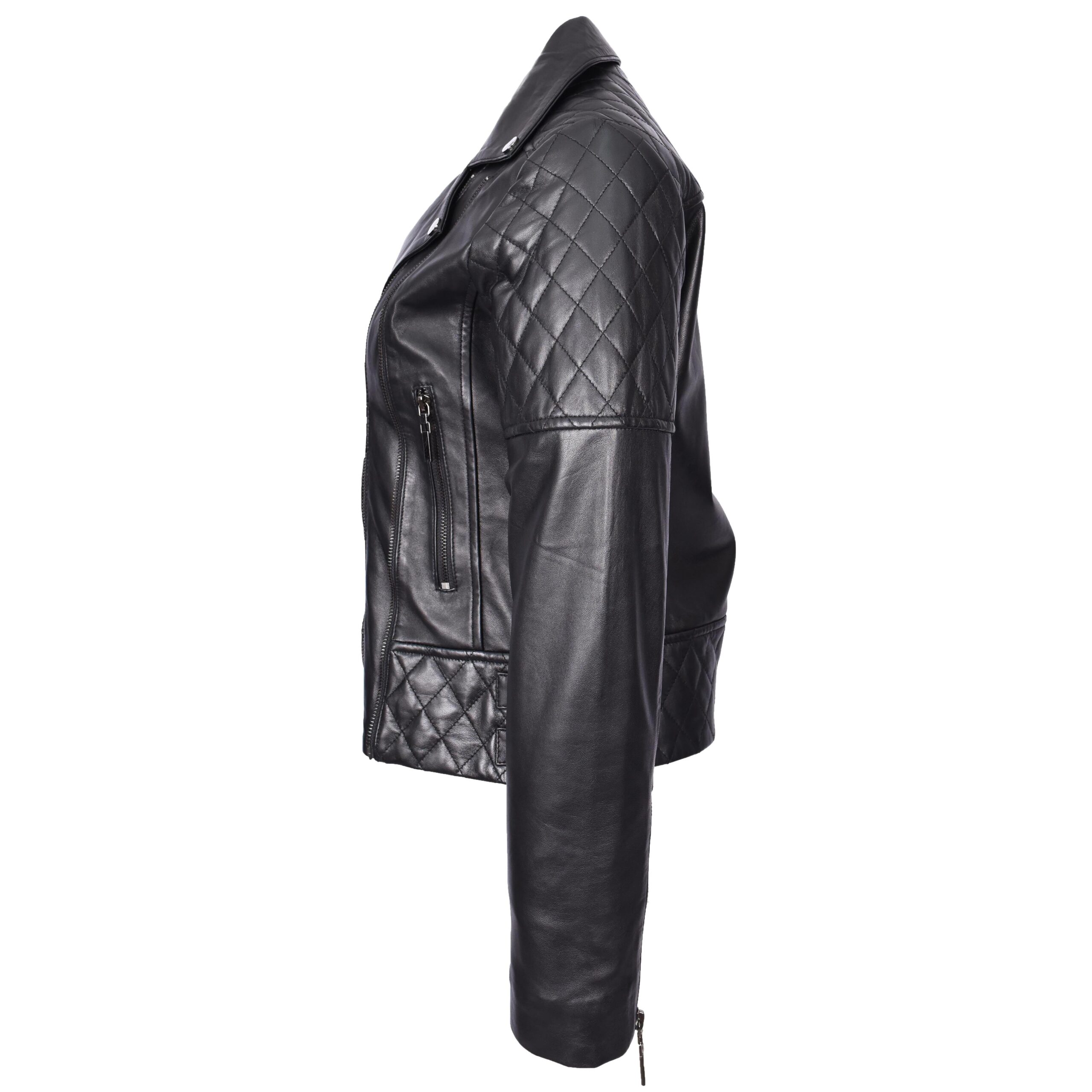 BUNERI Chaqueta Mujer Cuero Real Multi Zip Cruzado Biker Ajustada Acolchada Negra - Imagen 3