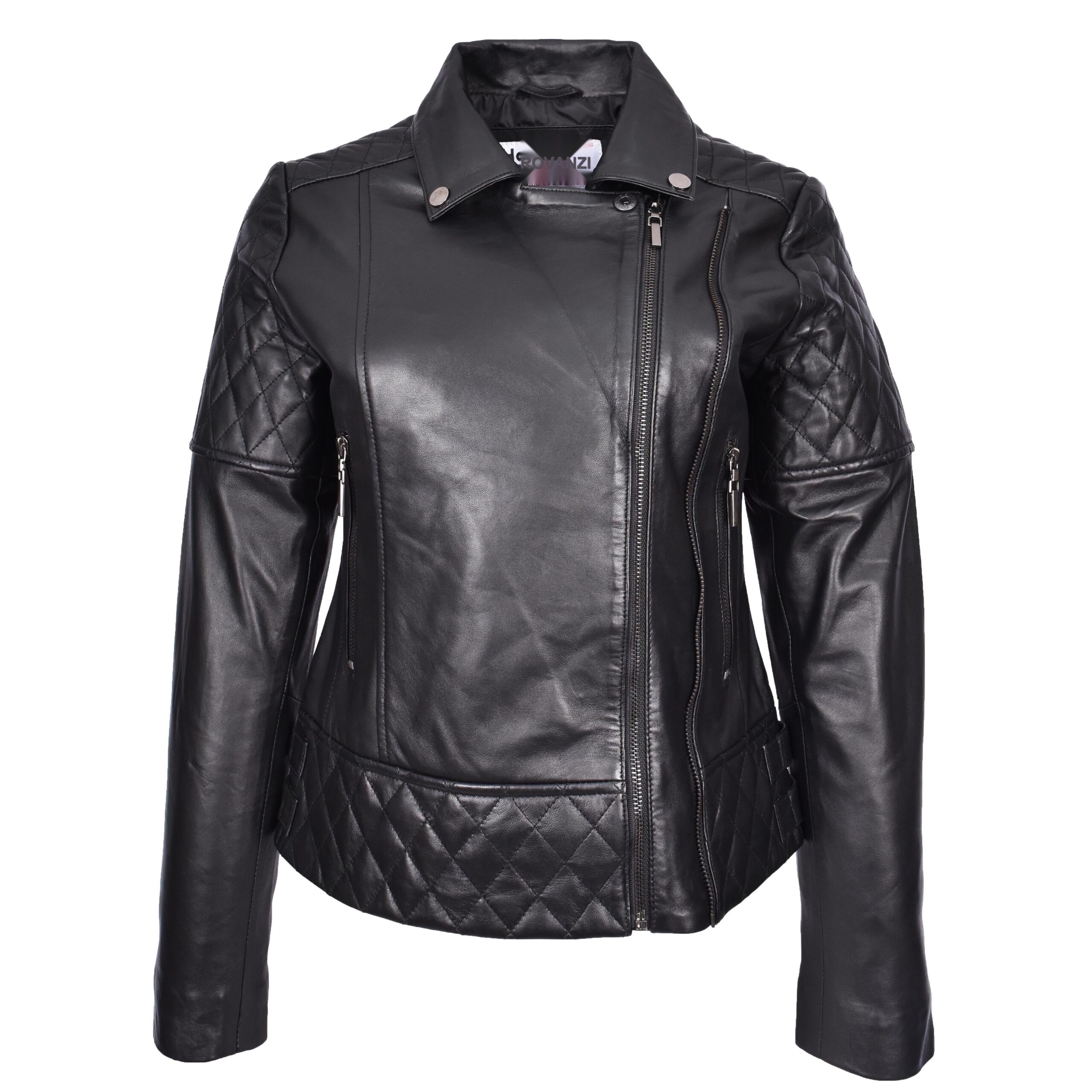 BUNERI Chaqueta Mujer Cuero Real Multi Zip Cruzado Biker Ajustada Acolchada Negra - Imagen 4