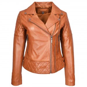 BUNERI Chaqueta de Cuero Biker Tan para Mujer con Detalles Acolchados