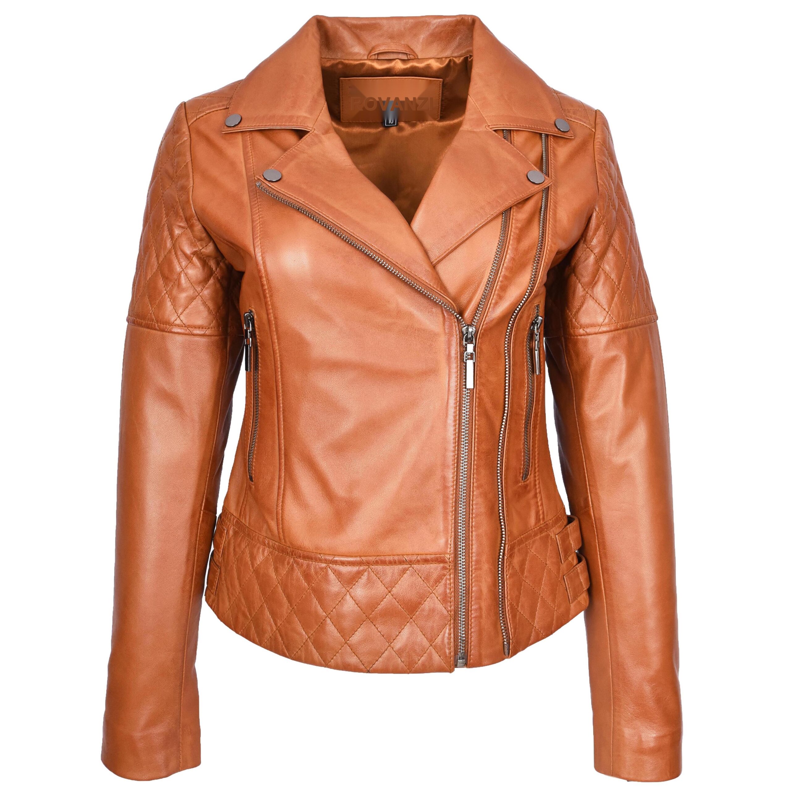 BUNERI Chaqueta de Cuero Biker Tan para Mujer con Detalles Acolchados