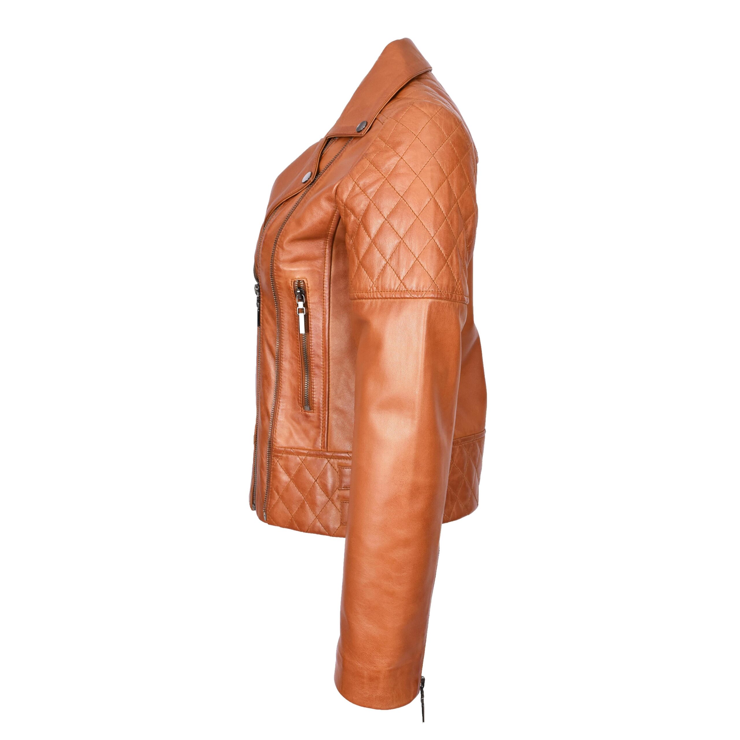 BUNERI Chaqueta de Cuero Biker Tan para Mujer con Detalles Acolchados - Imagen 5