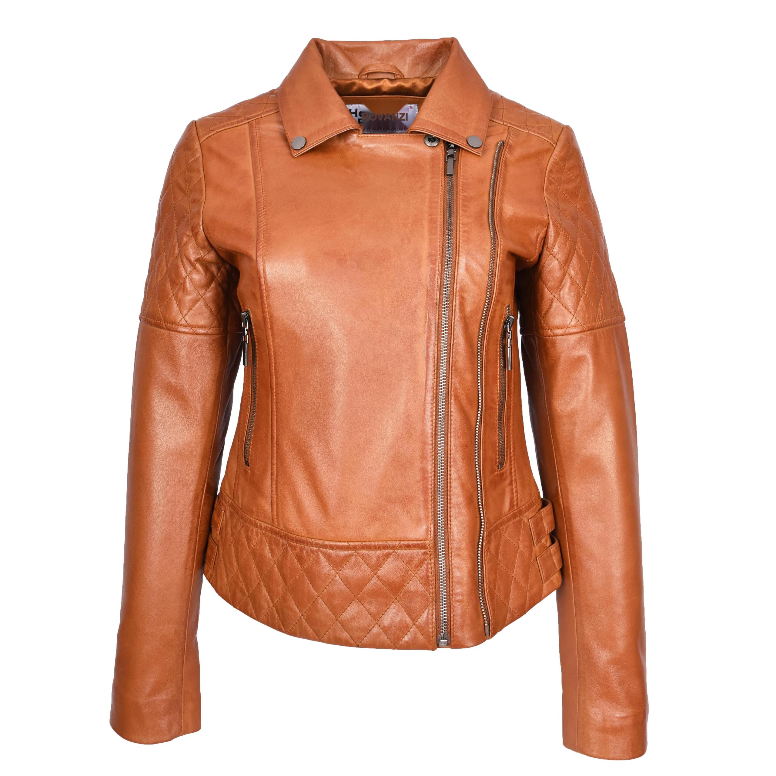 BUNERI Chaqueta de Cuero Biker Tan para Mujer con Detalles Acolchados - Imagen 4
