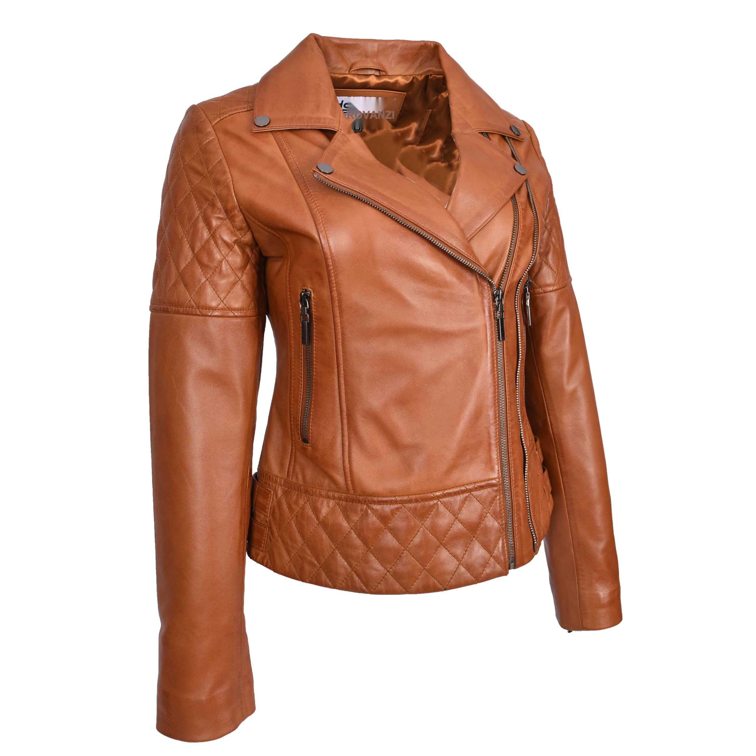 BUNERI Chaqueta de Cuero Biker Tan para Mujer con Detalles Acolchados - Imagen 3