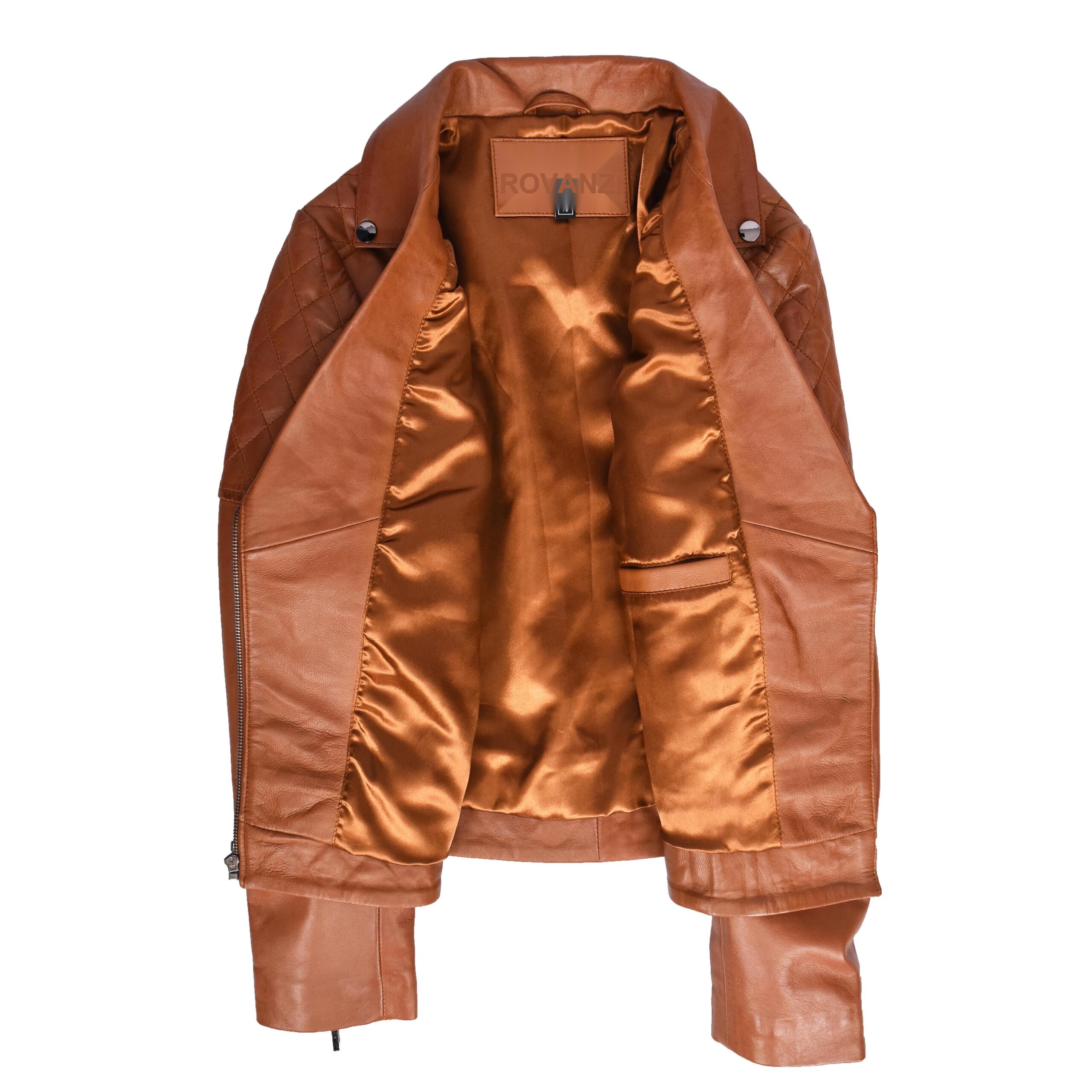 BUNERI Chaqueta de Cuero Biker Tan para Mujer con Detalles Acolchados - Imagen 6