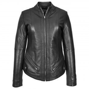 BUNERI Chaqueta Mujer Cuero Real Slim Fit Biker Cuello Alzado Negra
