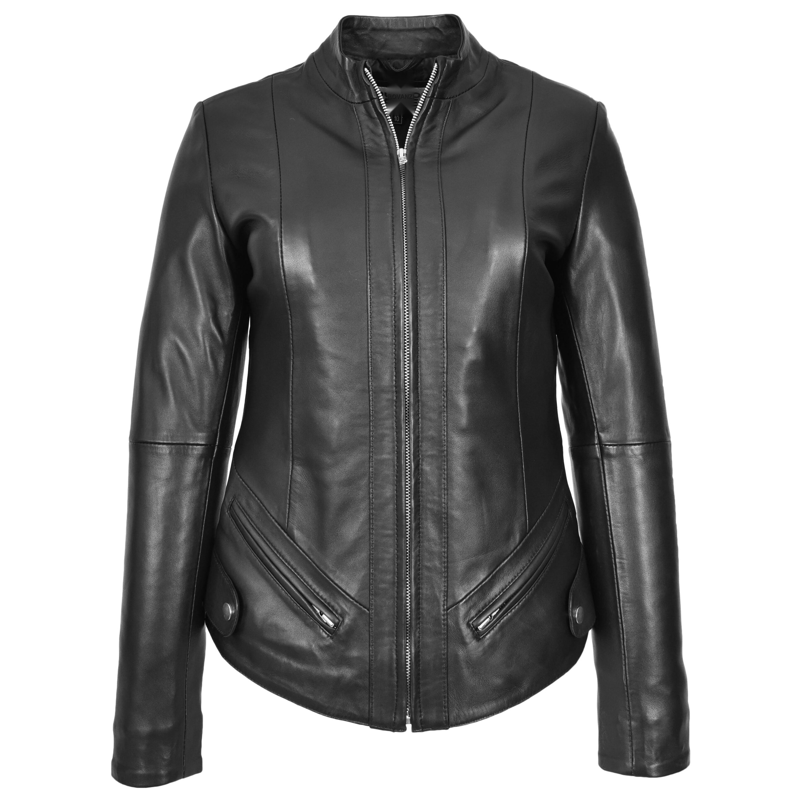 BUNERI Chaqueta Mujer Cuero Real Slim Fit Biker Cuello Alzado Negra