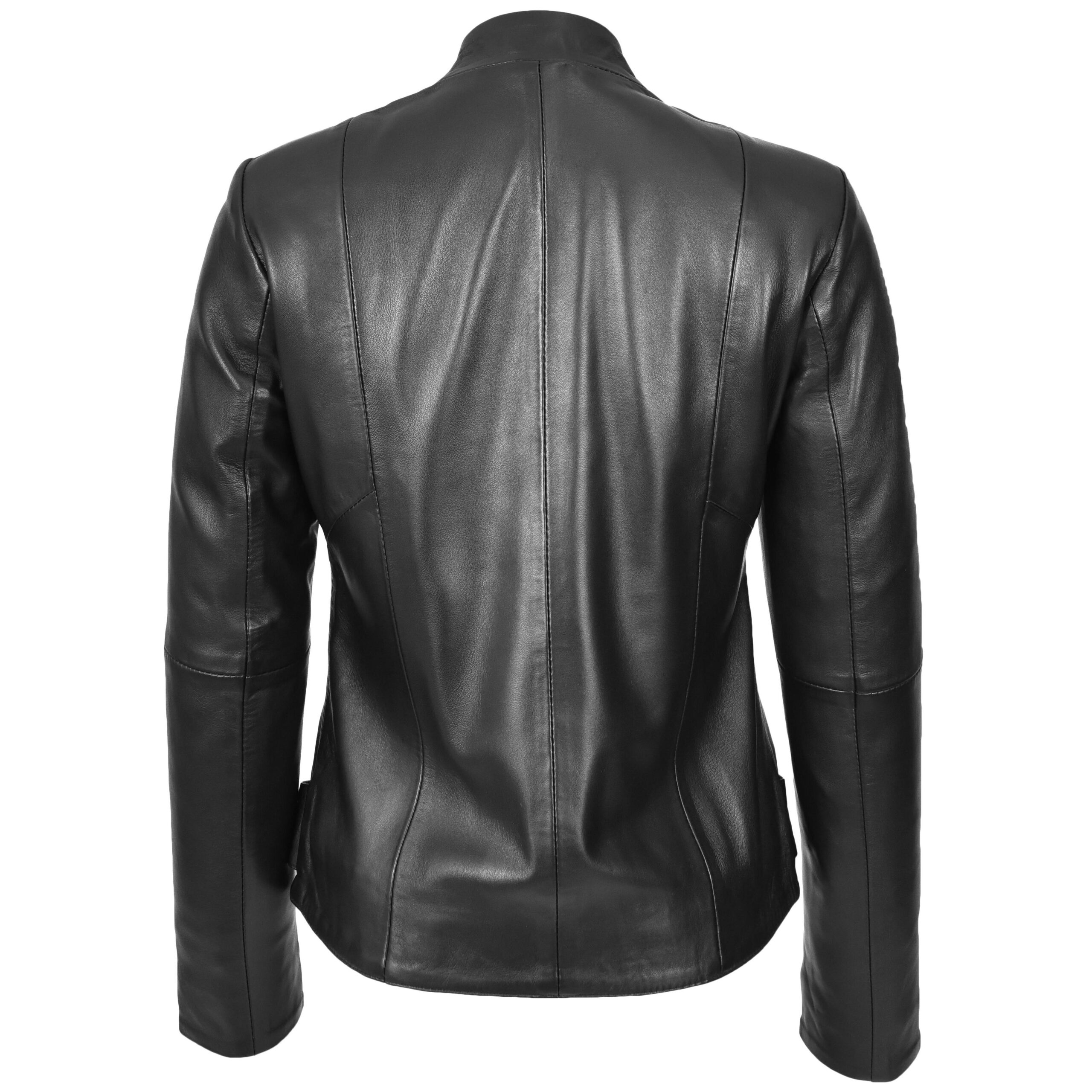 BUNERI Chaqueta Mujer Cuero Real Slim Fit Biker Cuello Alzado Negra - Imagen 2