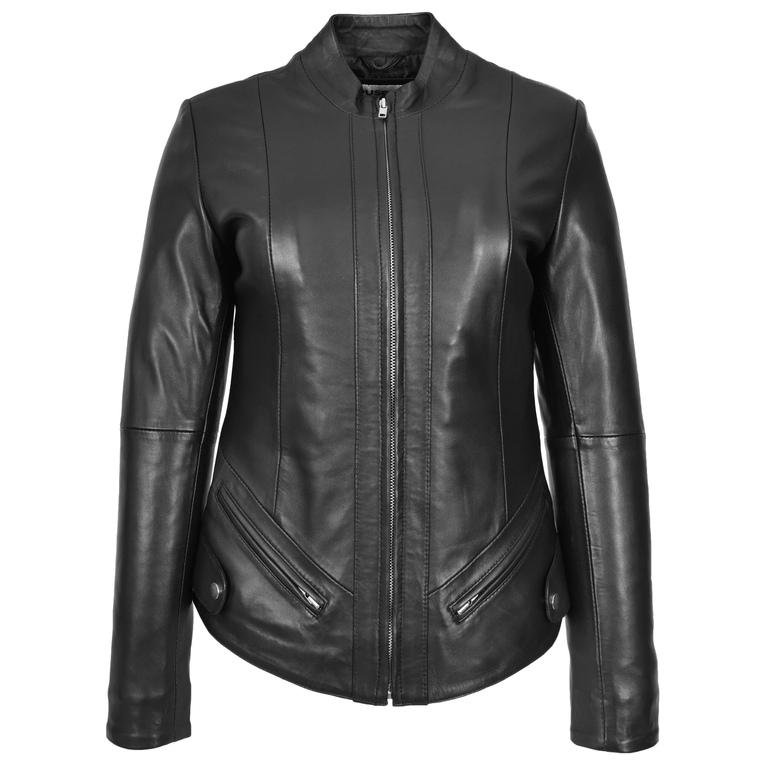 BUNERI Chaqueta Mujer Cuero Real Slim Fit Biker Cuello Alzado Negra - Imagen 3