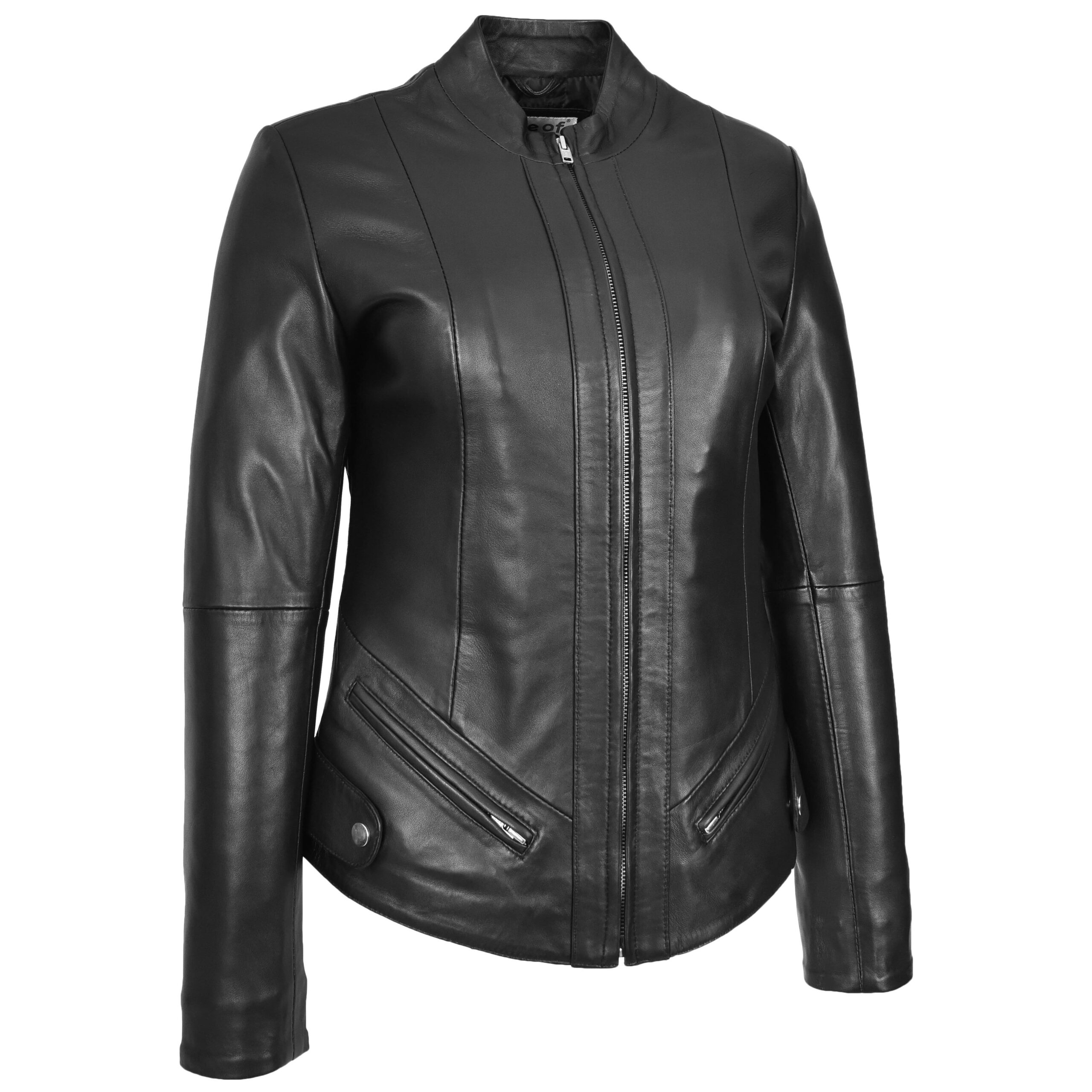 BUNERI Chaqueta Mujer Cuero Real Slim Fit Biker Cuello Alzado Negra - Imagen 4