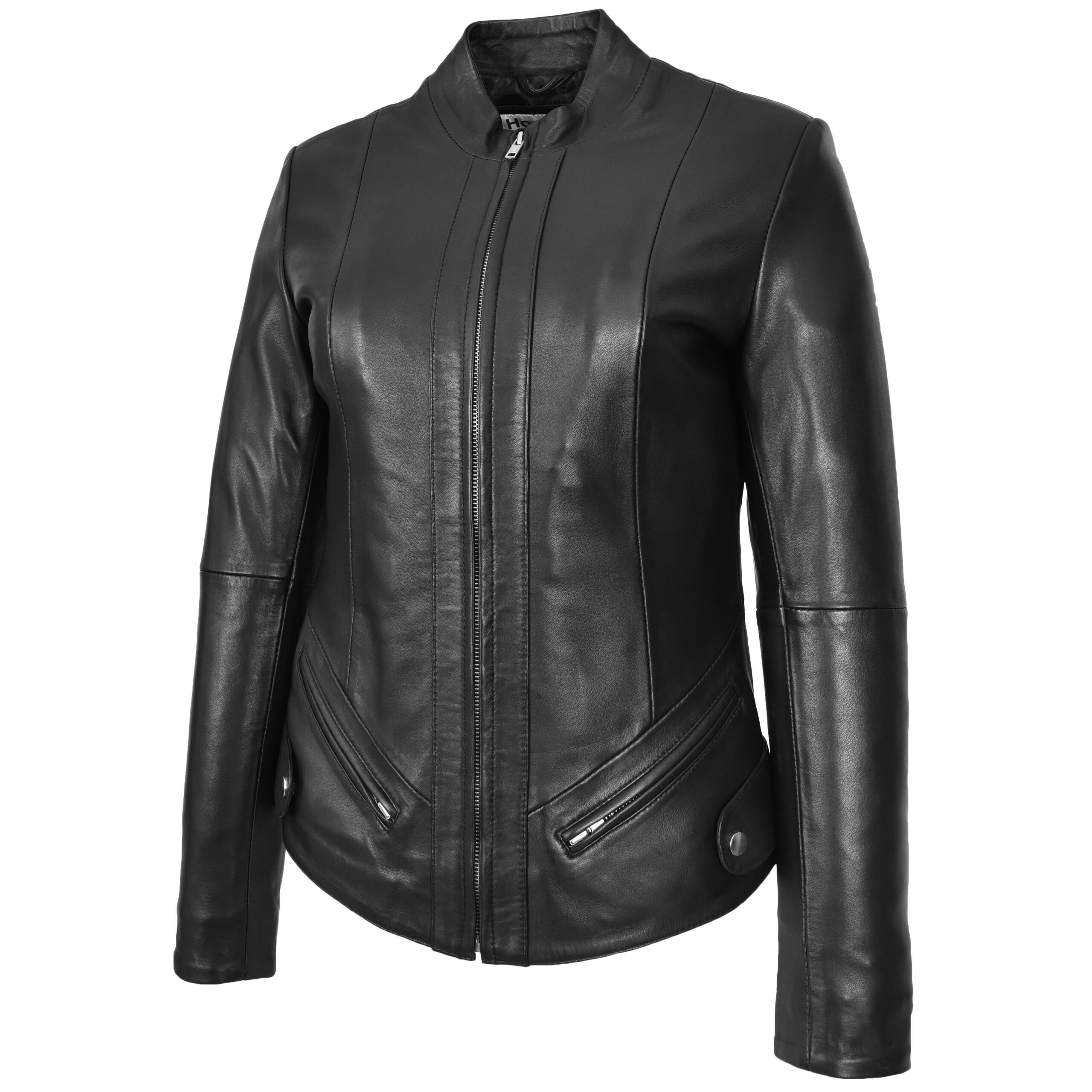 BUNERI Chaqueta Mujer Cuero Real Slim Fit Biker Cuello Alzado Negra - Imagen 5
