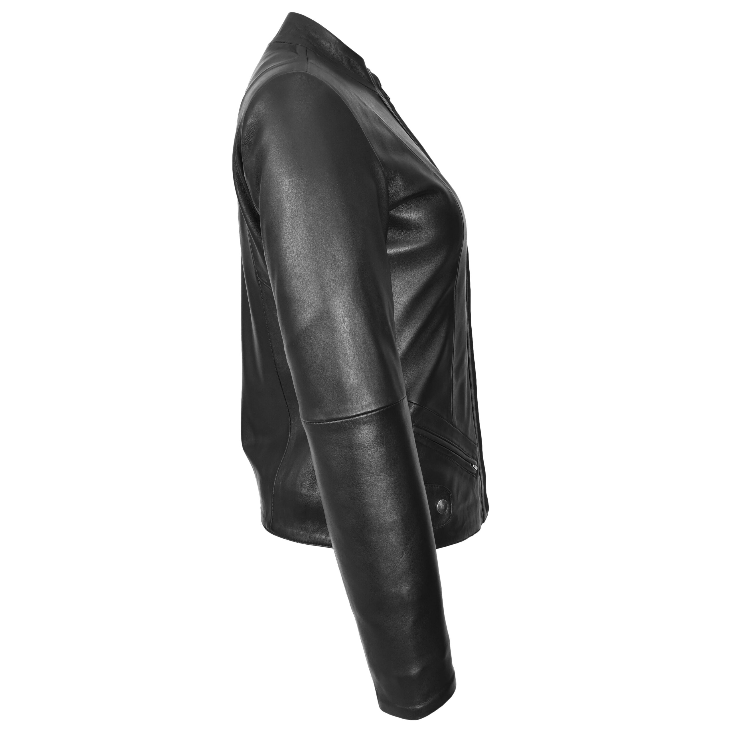 BUNERI Chaqueta Mujer Cuero Real Slim Fit Biker Cuello Alzado Negra - Imagen 6