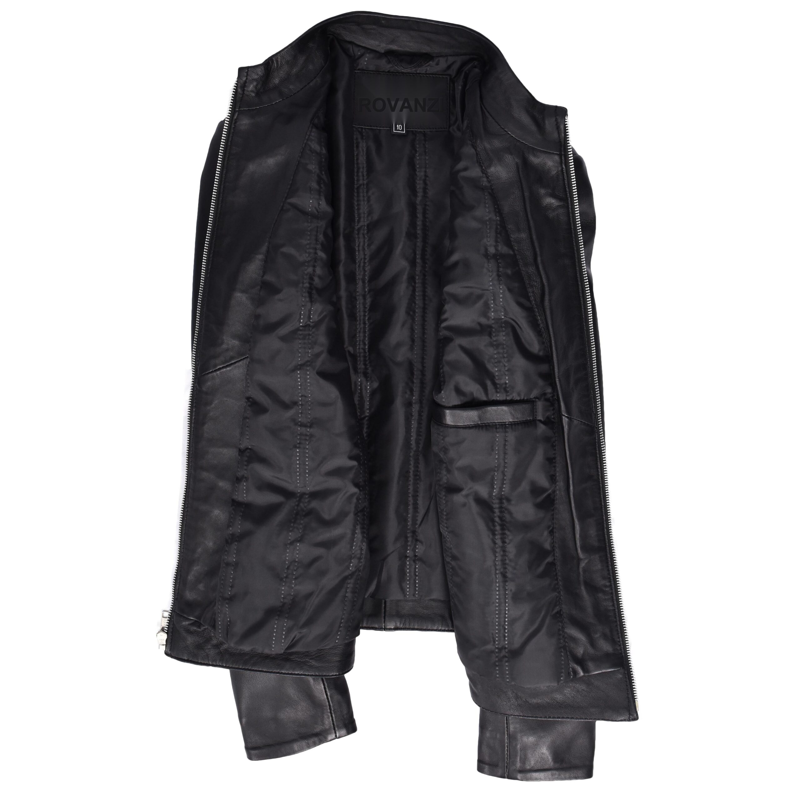 BUNERI Chaqueta Mujer Cuero Real Slim Fit Biker Cuello Alzado Negra - Imagen 7