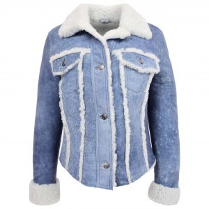 BUNERI Chaqueta Mujer Piel de Oveja Real Trucker Azul Denim