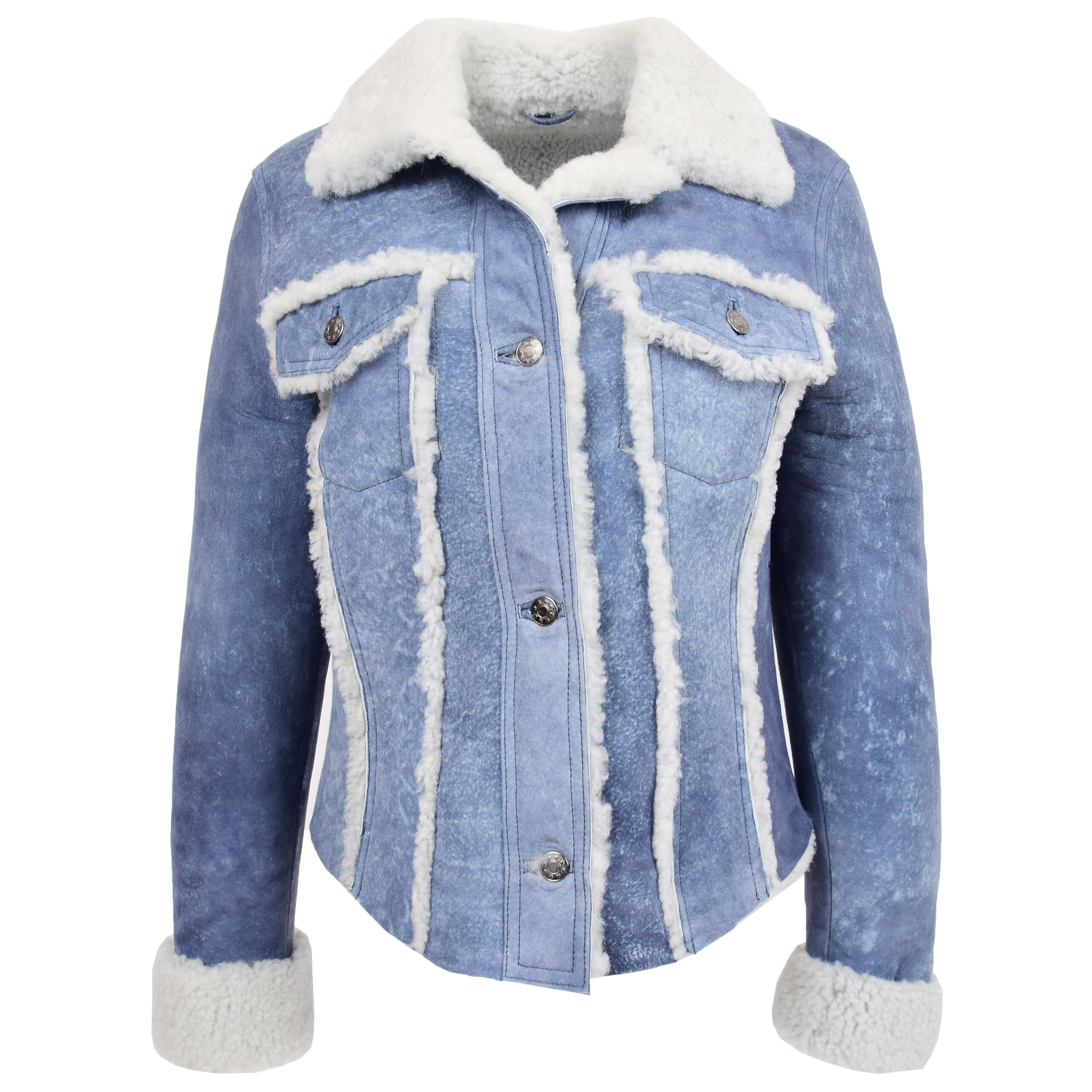 BUNERI Chaqueta Mujer Piel de Oveja Real Trucker Azul Denim