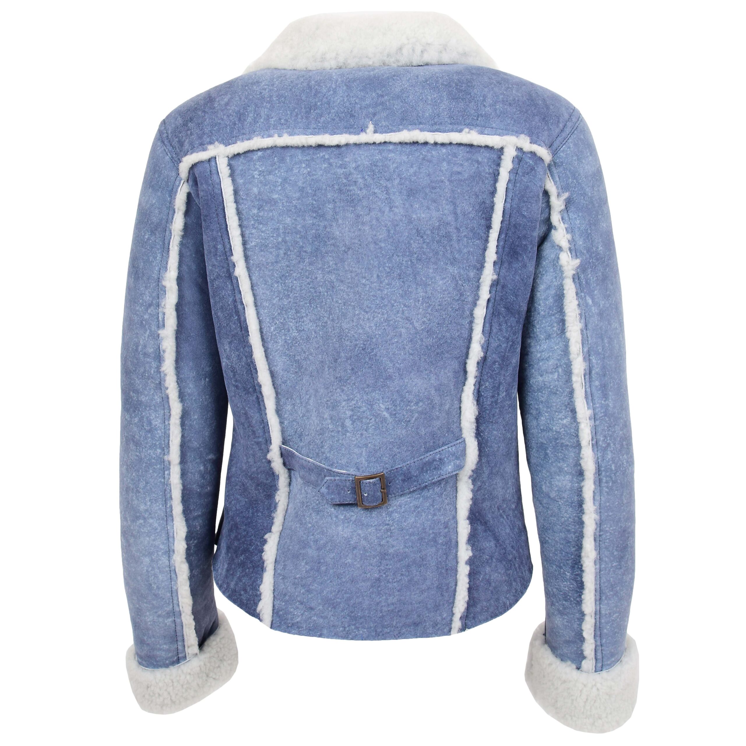 BUNERI Chaqueta Mujer Piel de Oveja Real Trucker Azul Denim - Imagen 2