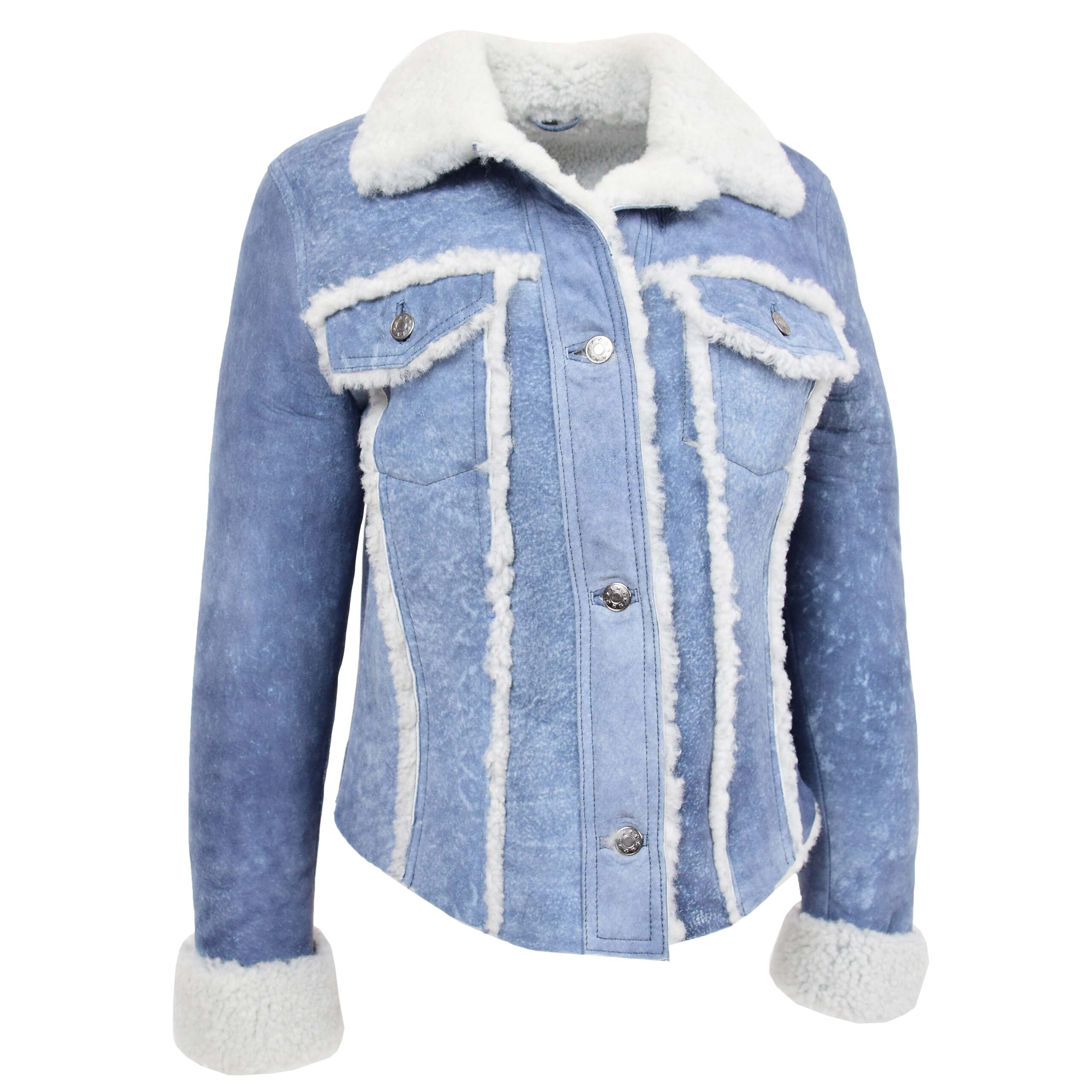 BUNERI Chaqueta Mujer Piel de Oveja Real Trucker Azul Denim - Imagen 3