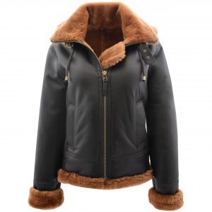 BUNERI Chaqueta de Piel de Oveja B3 para Mujer con Capucha Desmontable Marrón