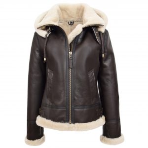 BUNERI Chaqueta Mujer Piel de Cordero B3 Capucha Desmontable Marron Blanco