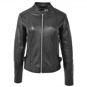 BUNERI Biker Cuero Suave Ruby Negro Cremallera Casual