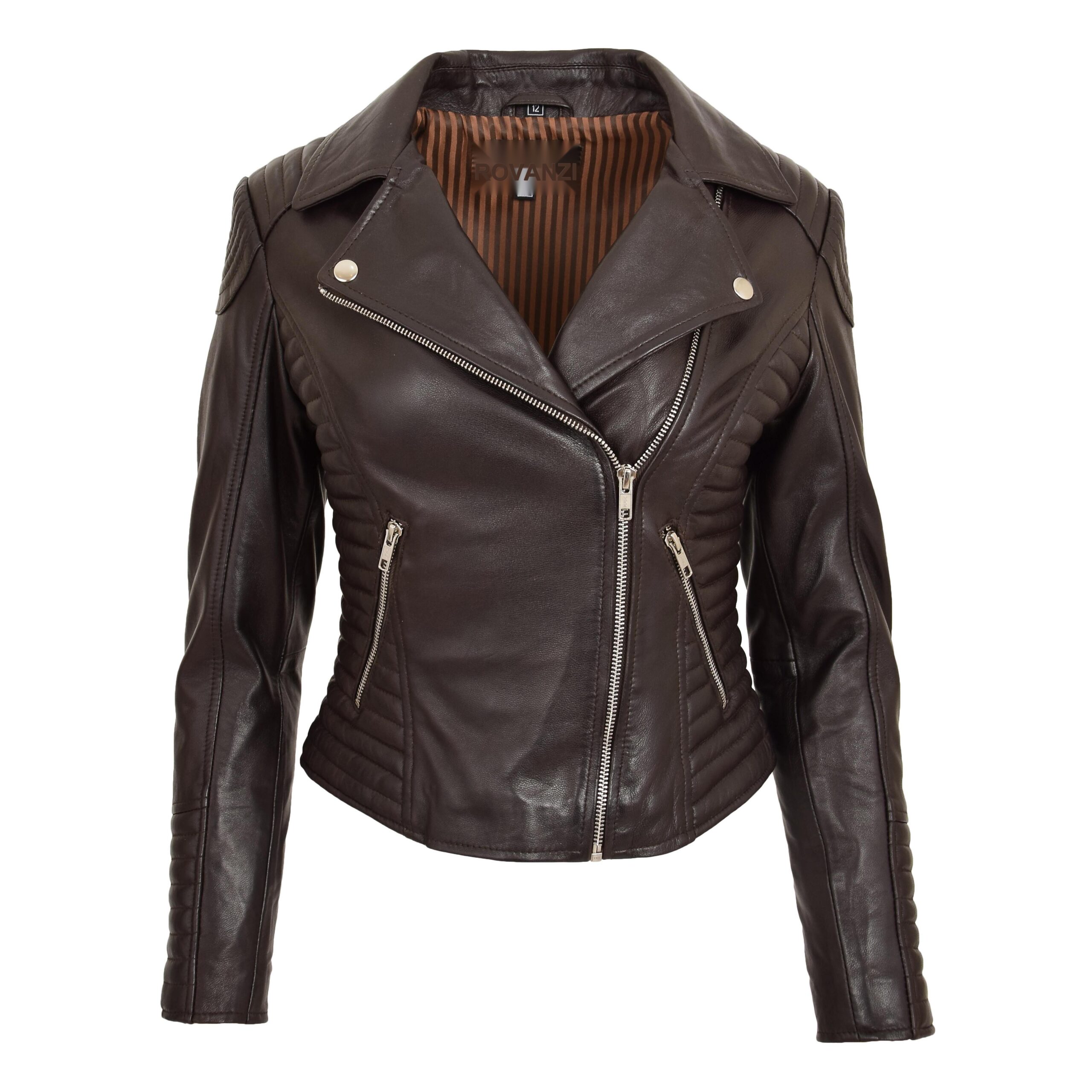BUNERI Chaqueta Mujer Cuero Suave Cremallera Cruzada Biker Marron