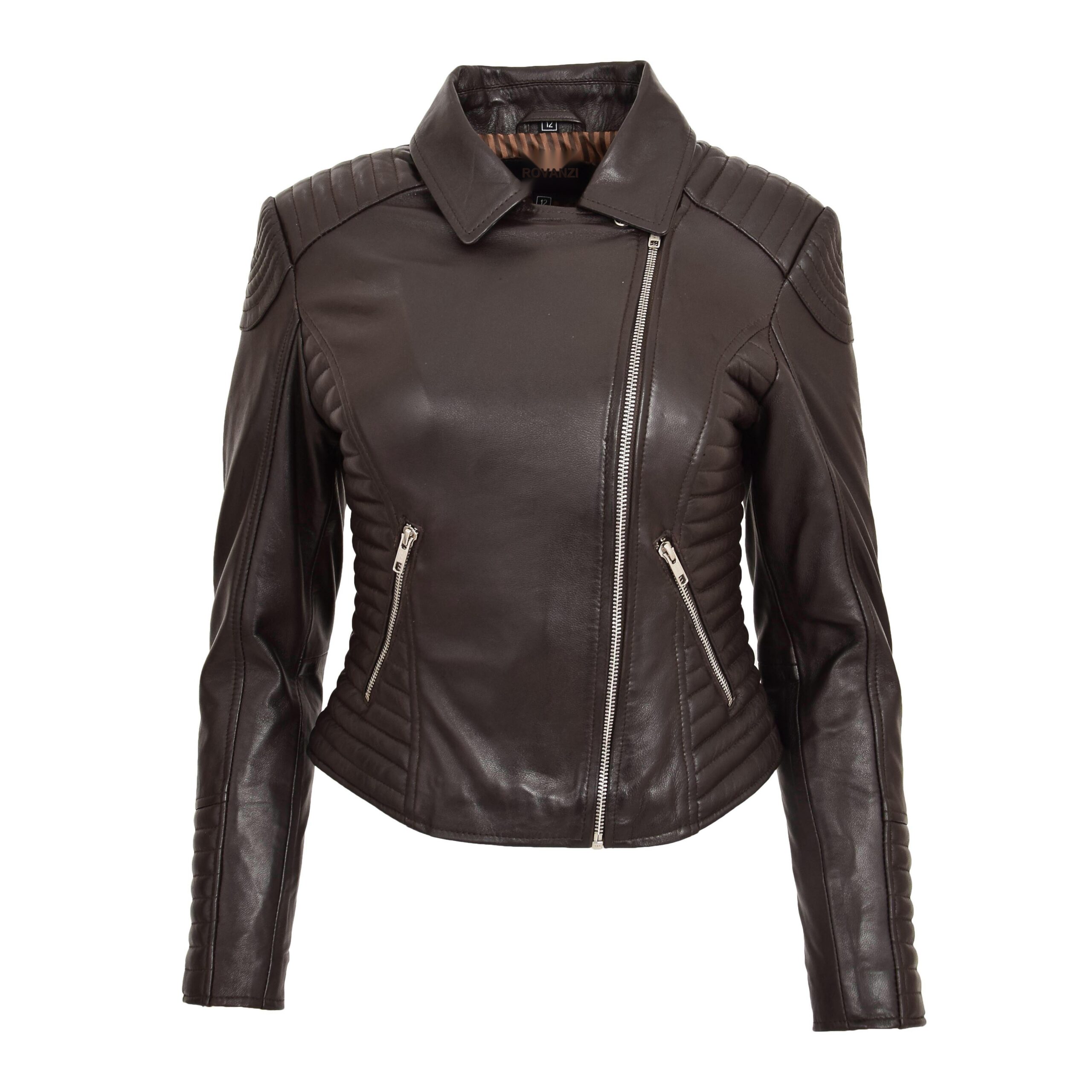 BUNERI Chaqueta Mujer Cuero Suave Cremallera Cruzada Biker Marron - Imagen 3