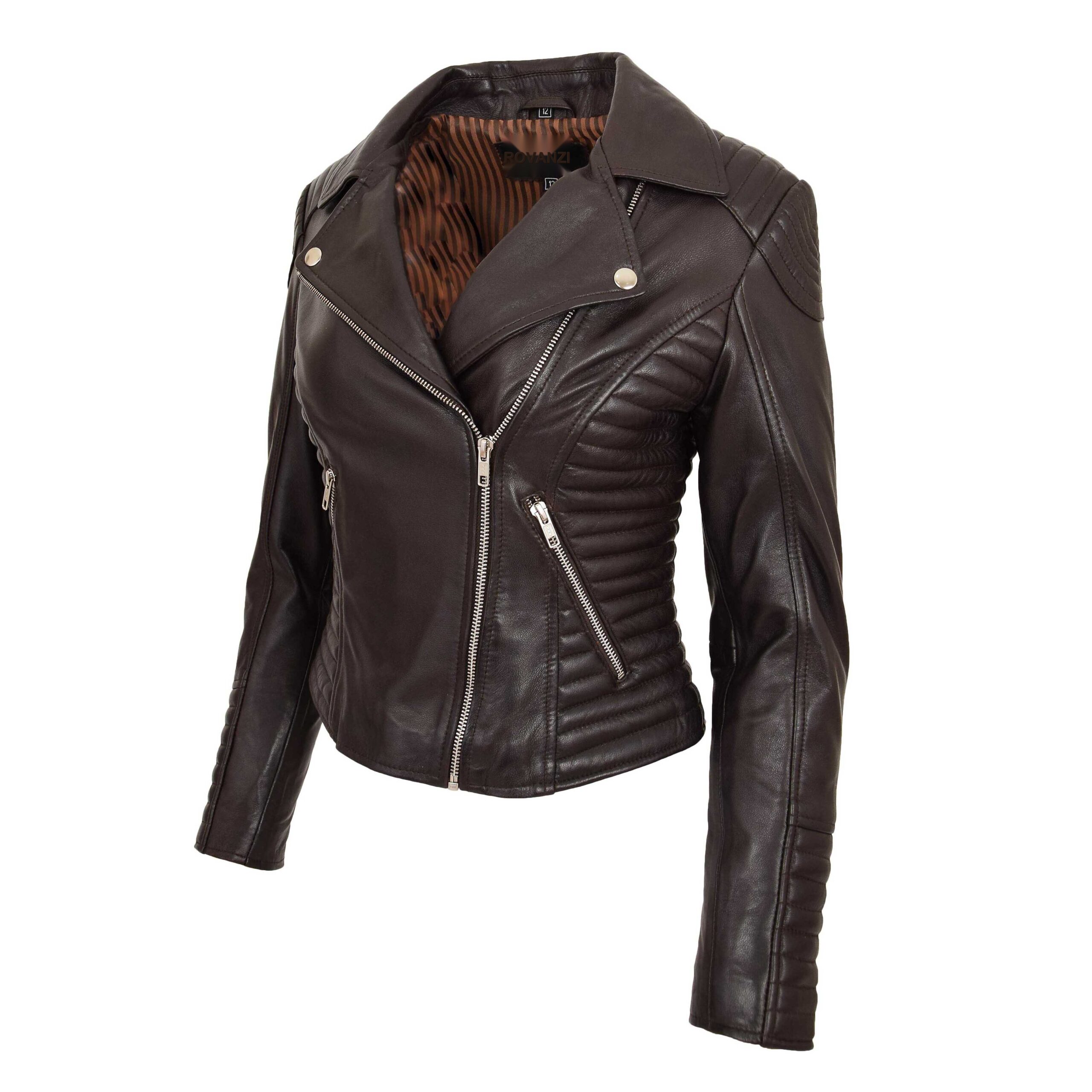 BUNERI Chaqueta Mujer Cuero Suave Cremallera Cruzada Biker Marron - Imagen 4