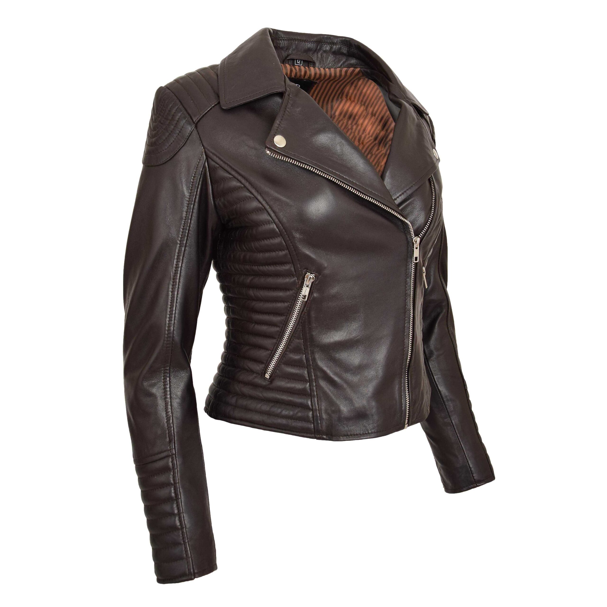 BUNERI Chaqueta Mujer Cuero Suave Cremallera Cruzada Biker Marron - Imagen 5
