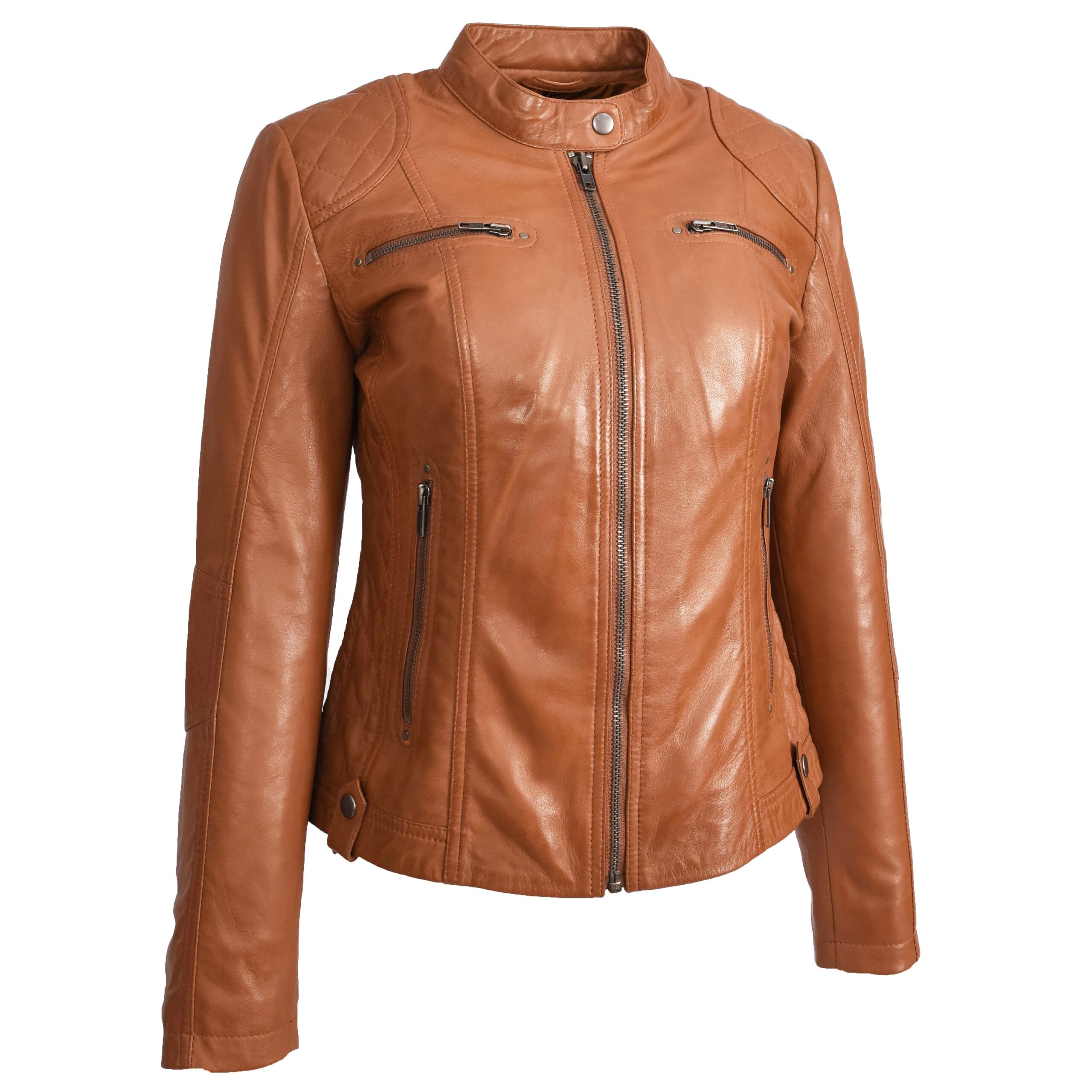 BUNERI Cafe Racer Fiona Tan de Cuero Suave Ajustada Acolchada - Imagen 3