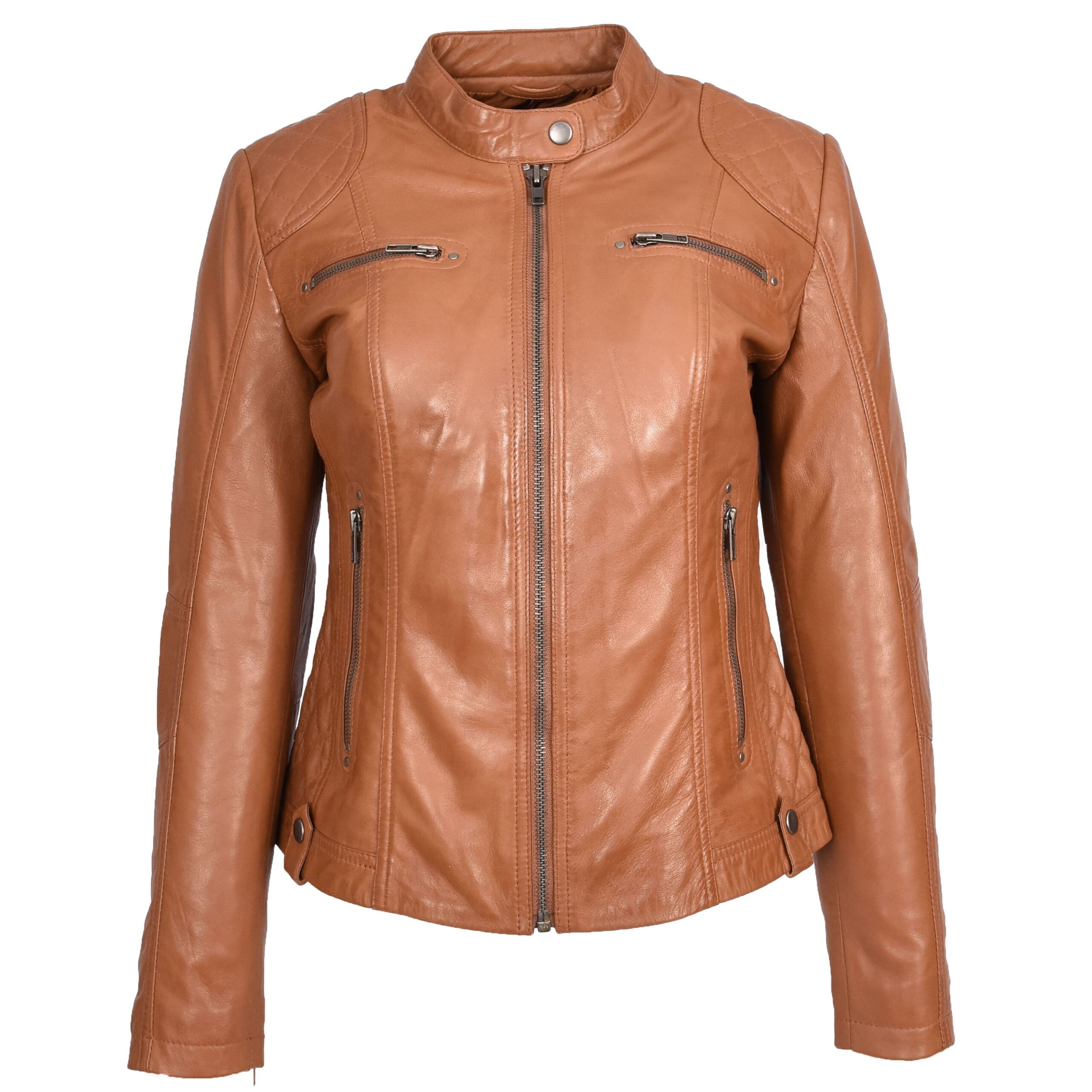 BUNERI Cafe Racer Fiona Tan de Cuero Suave Ajustada Acolchada - Imagen 5